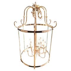 Monumental Traditional Brass Curved Glass 12 Light Foyer Cylindrical Chandelier
