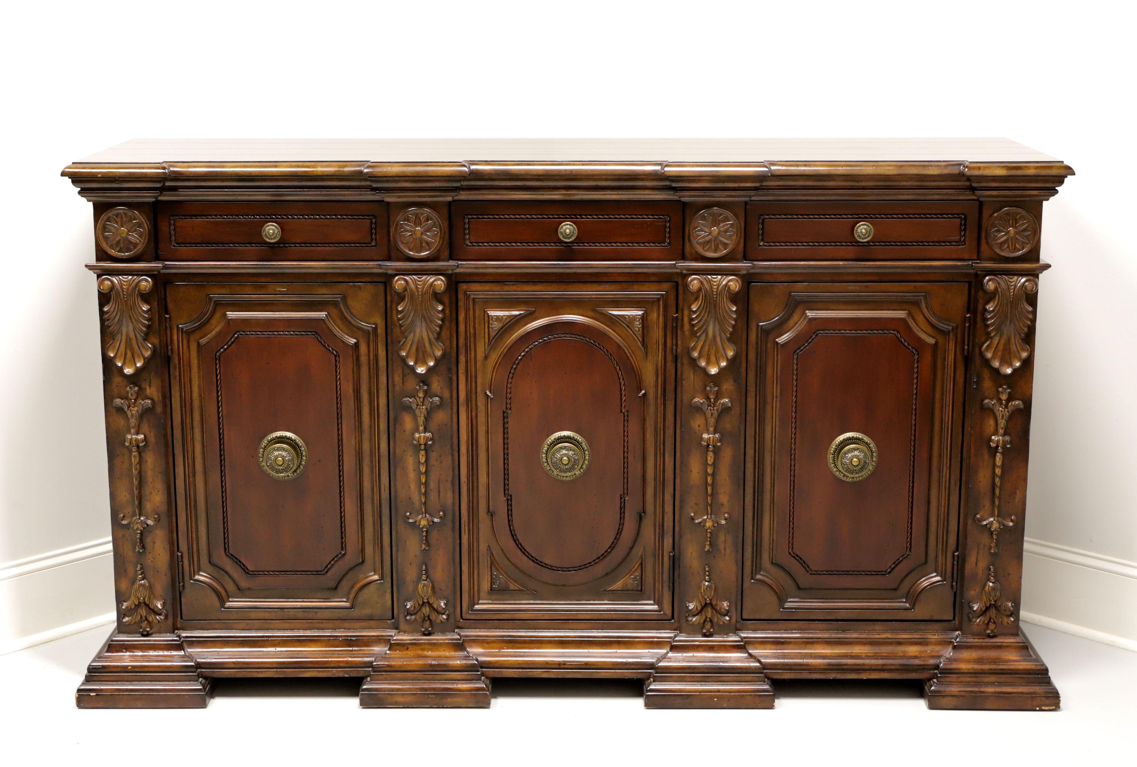 A Transitional style, monumentally sized, tall credenza, unbranded, similar quality to Hickory White. Mahogany with slightly distressed finish, plank style top, brass hardware, carved medillions and decorative foliate to front four columns. Features