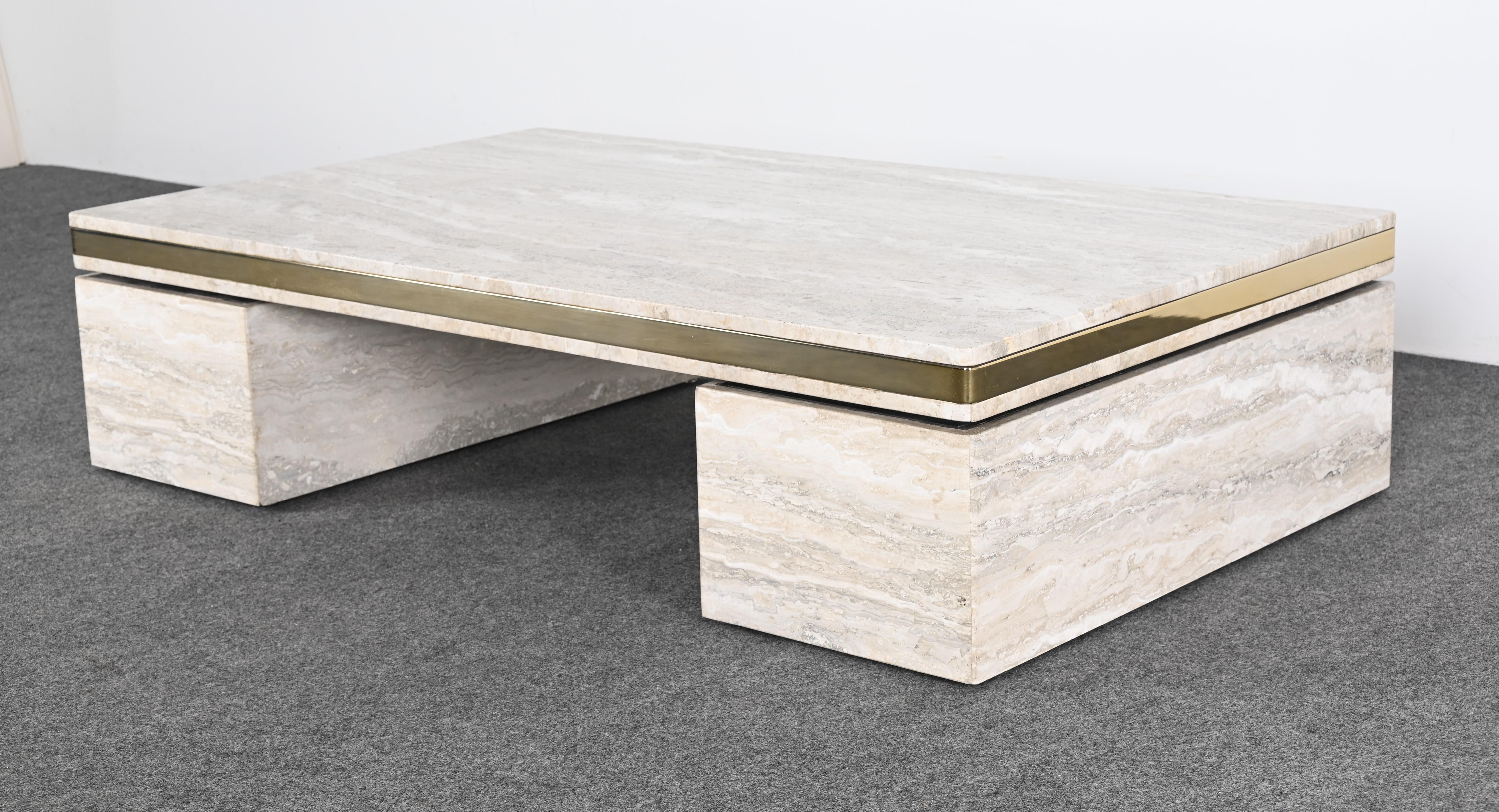 Table basse monumentale en travertin et acier inoxydable style Karl Springer en vente 5