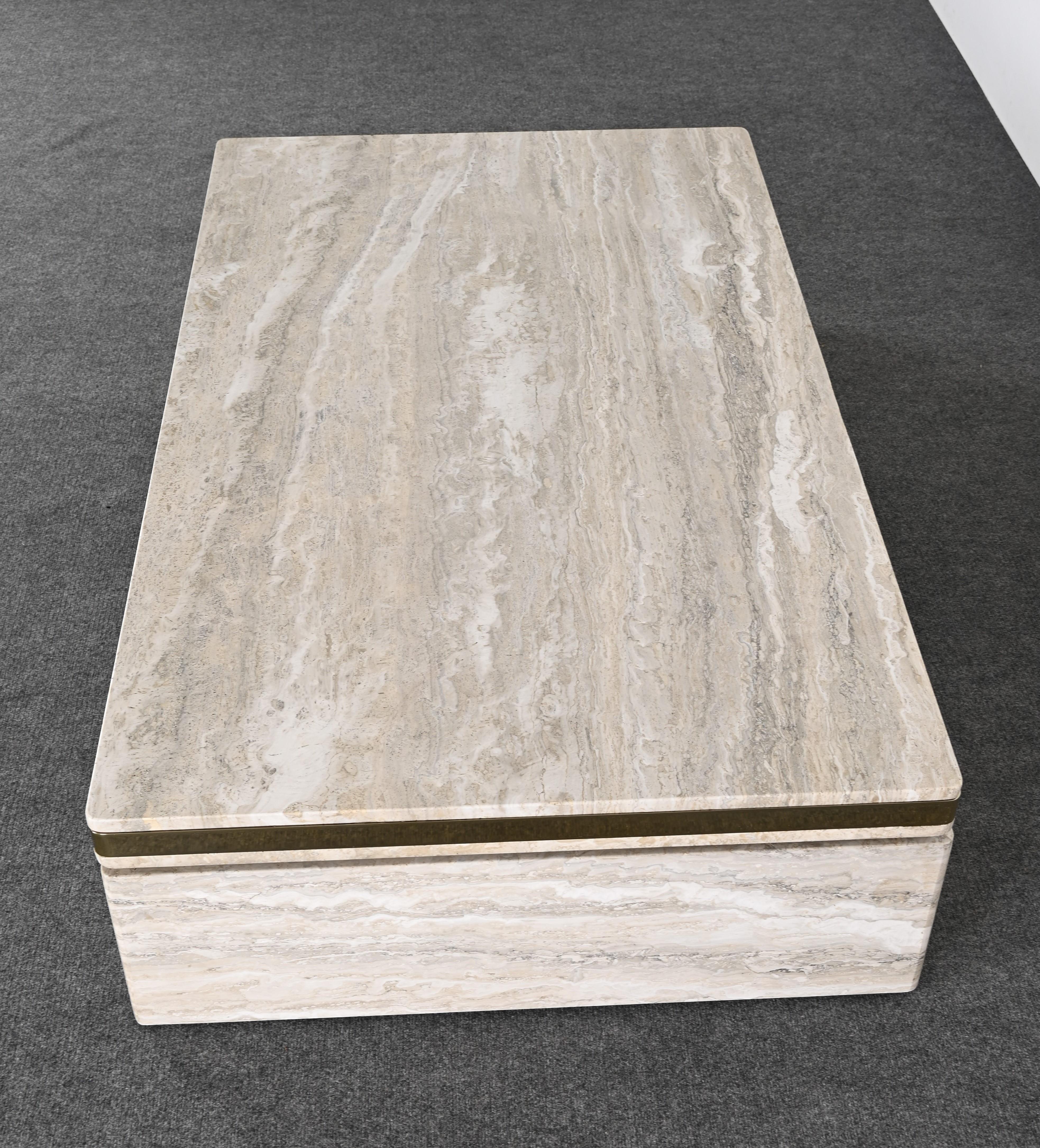 Table basse monumentale en travertin et acier inoxydable style Karl Springer en vente 6
