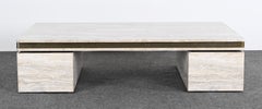 Monumental Travertine and Stainless Steel Coffee Table manner of Karl Springer