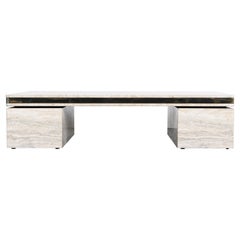 Monumental Travertine and Stainless Steel Coffee Table manner of Karl Springer