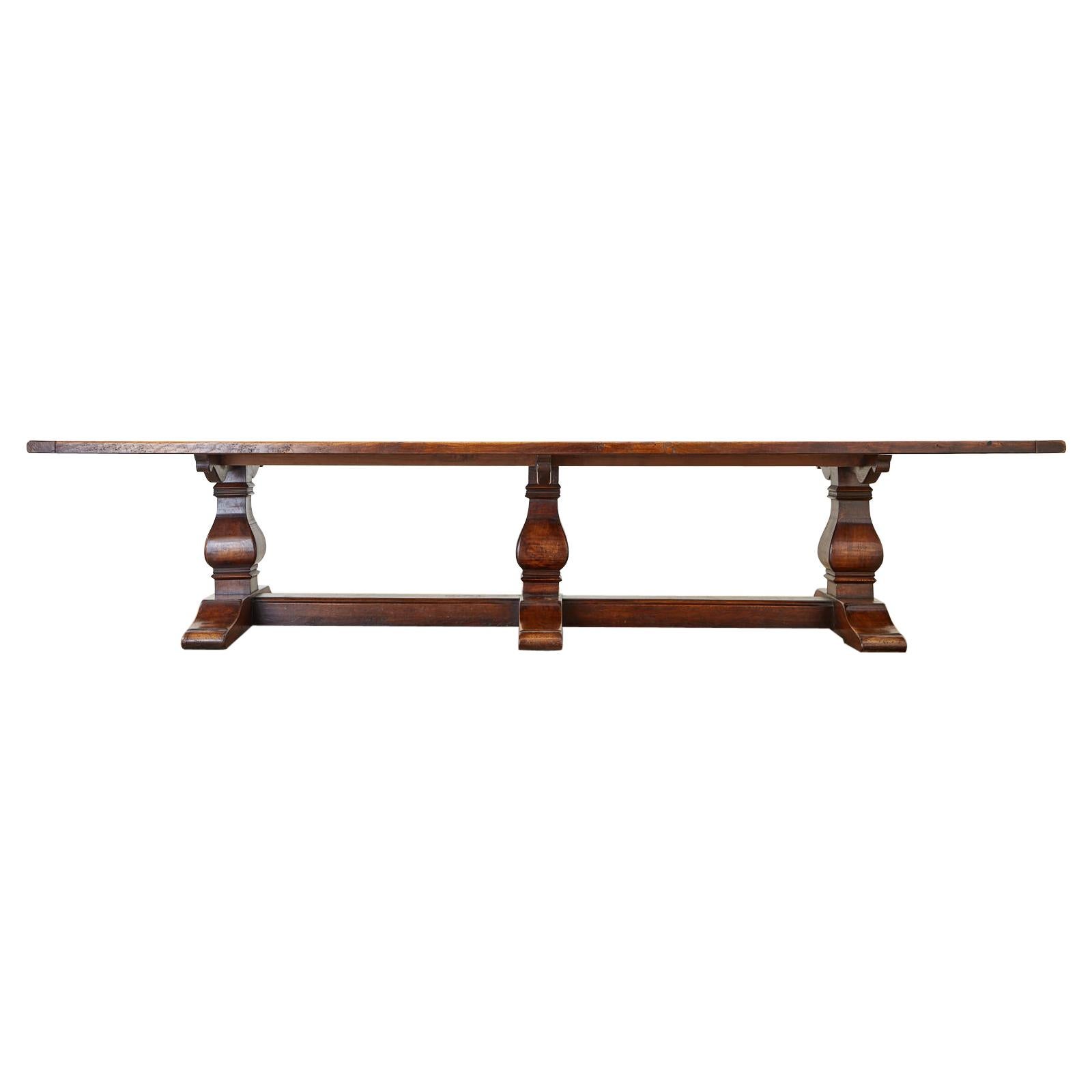 Monumental Triple Pedestal Oak Trestle Dining Table