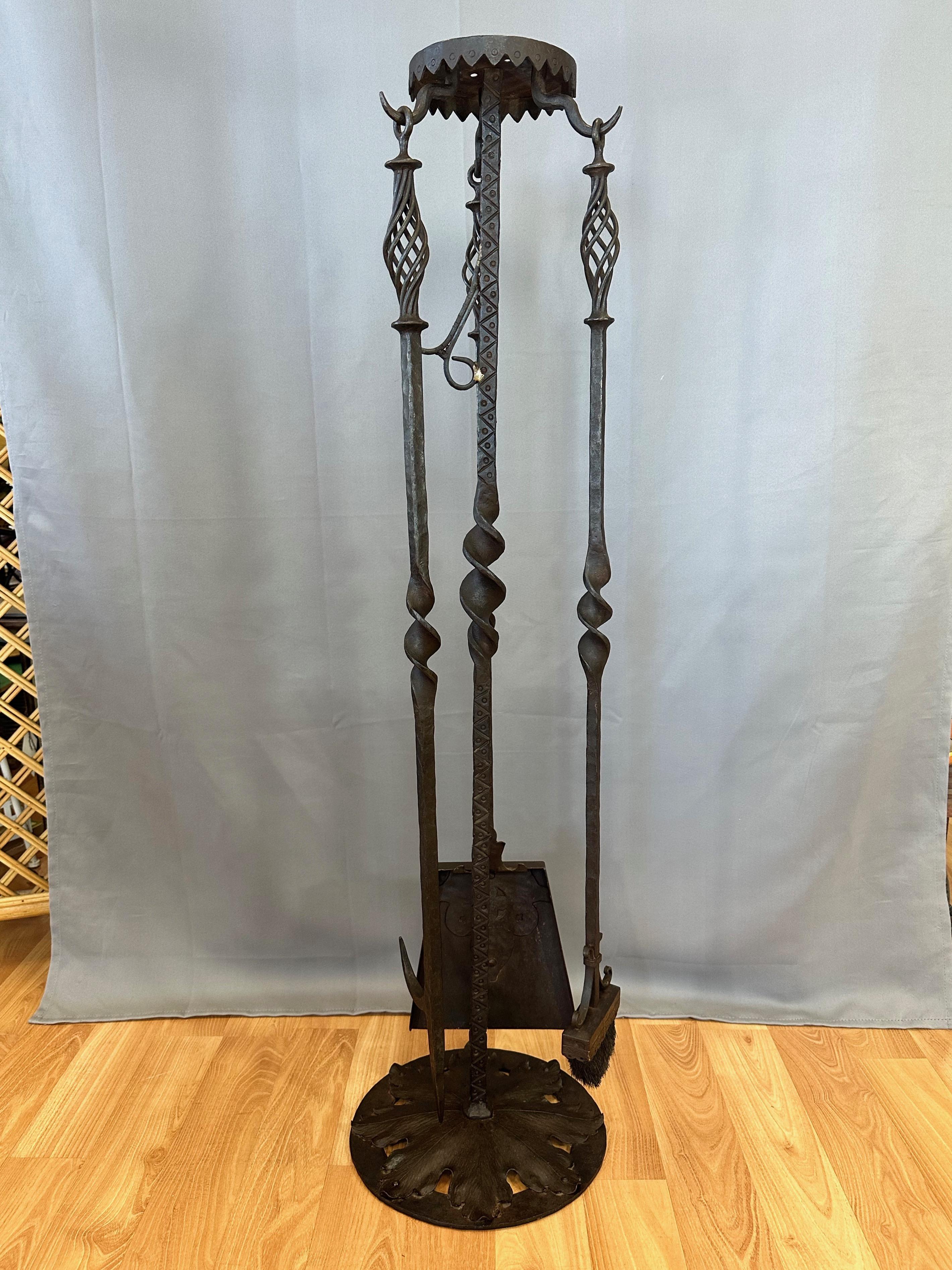 Monumental Tudor Arts and Crafts Wrought Iron Fireplace Tool Set, c. 1900 For Sale 7