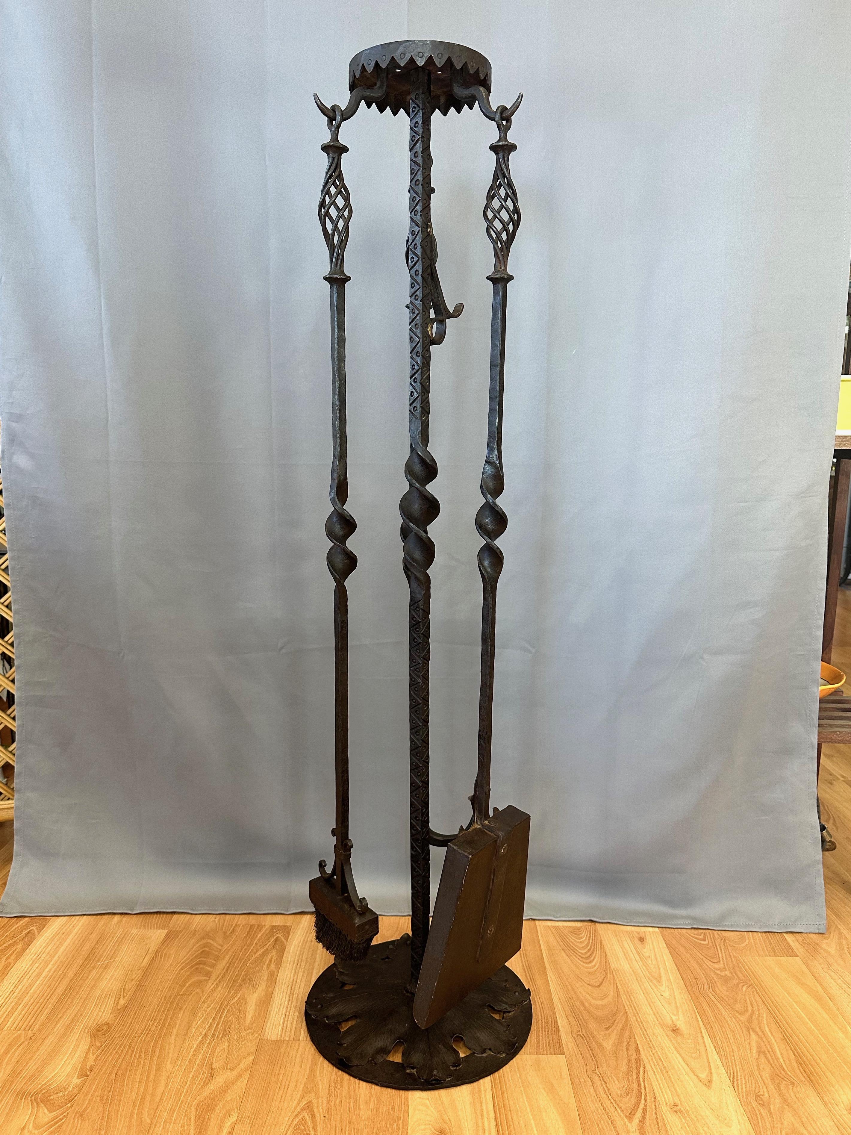 Monumental Tudor Arts and Crafts Wrought Iron Fireplace Tool Set, c. 1900 For Sale 9