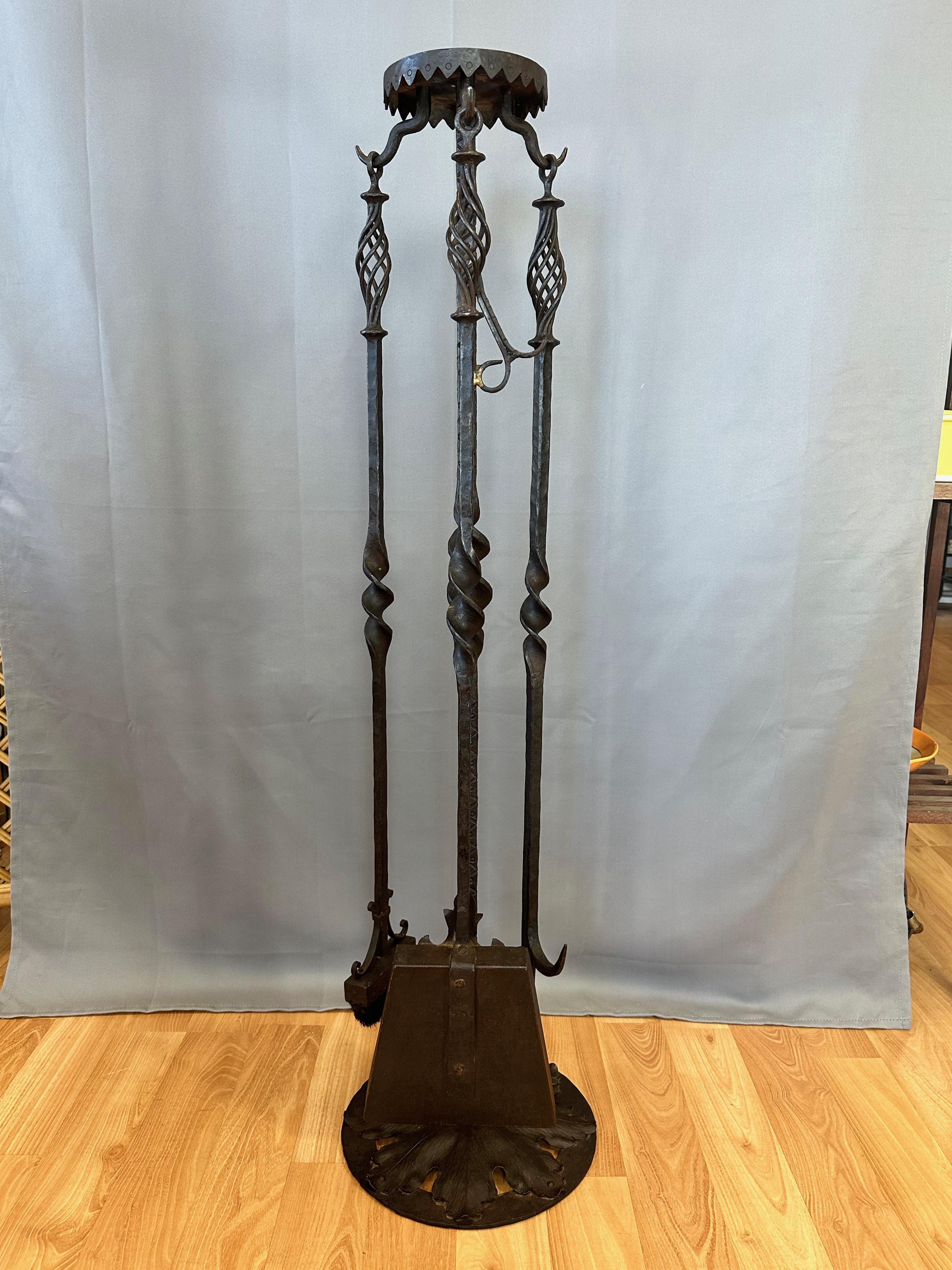 Monumental Tudor Arts and Crafts Wrought Iron Fireplace Tool Set, c. 1900 For Sale 10