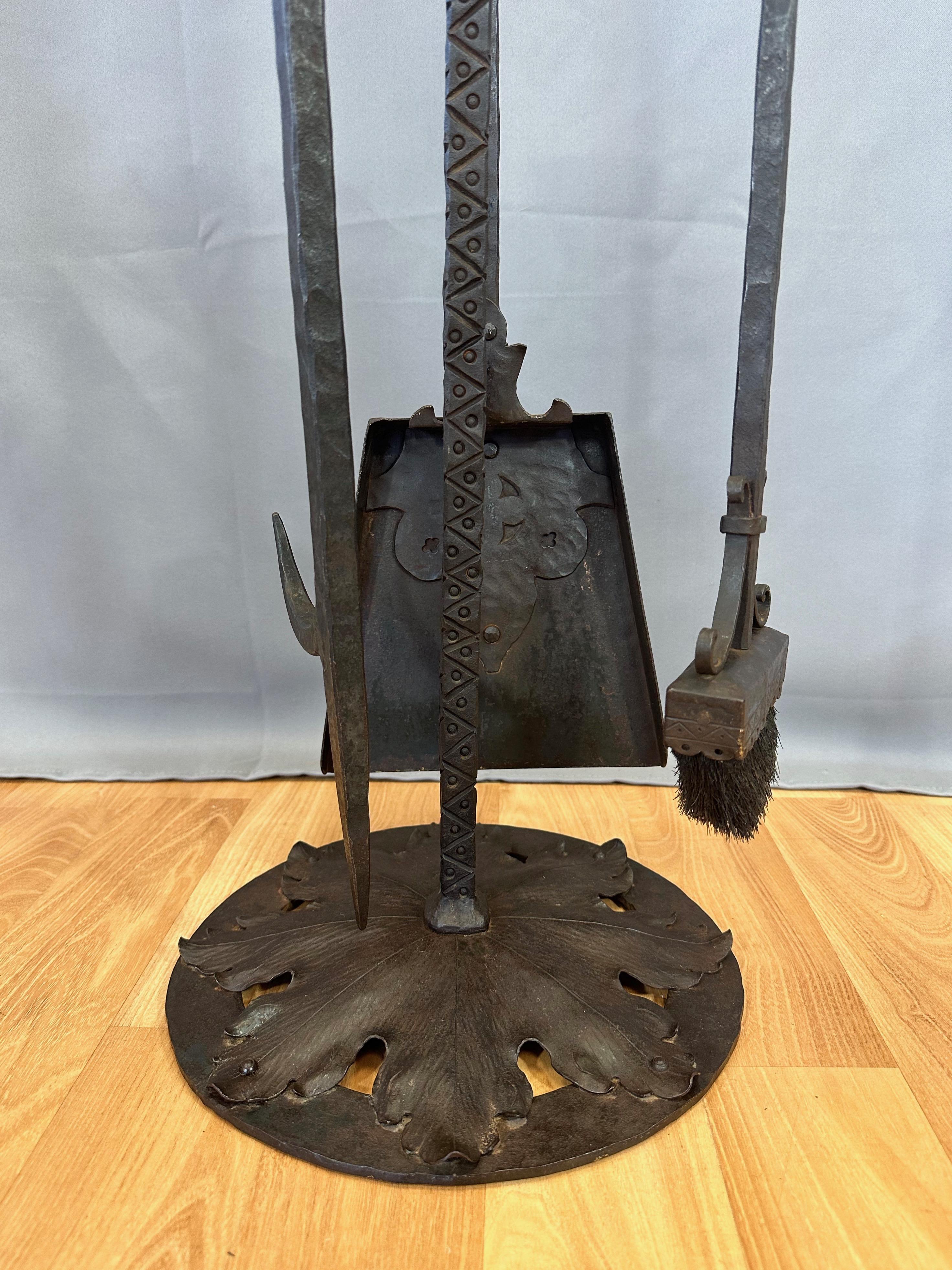 Early 20th Century Monumental Tudor Arts and Crafts Wrought Iron Fireplace Tool Set, c. 1900 For Sale