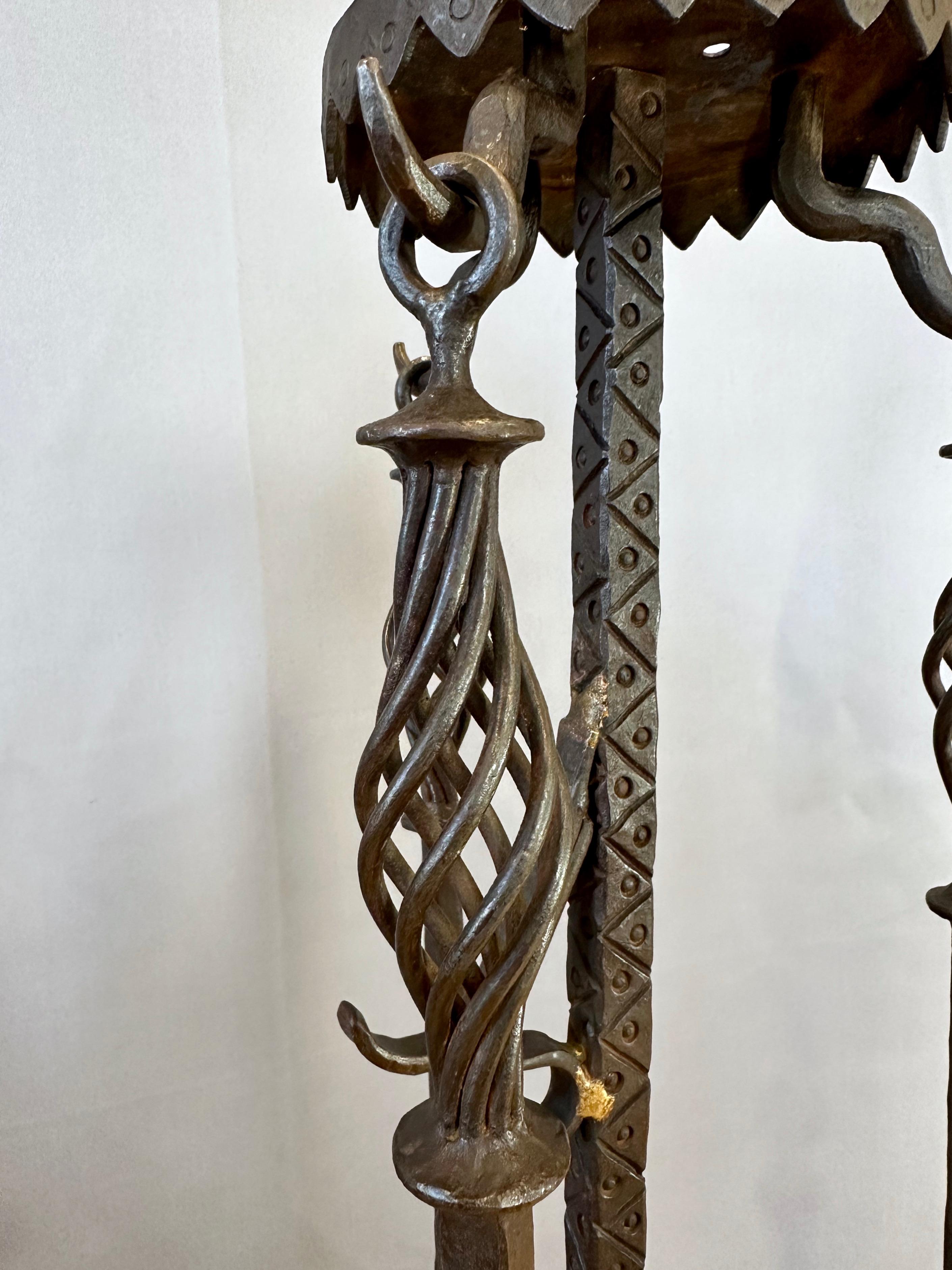 Monumental Tudor Arts and Crafts Wrought Iron Fireplace Tool Set, c. 1900 For Sale 1
