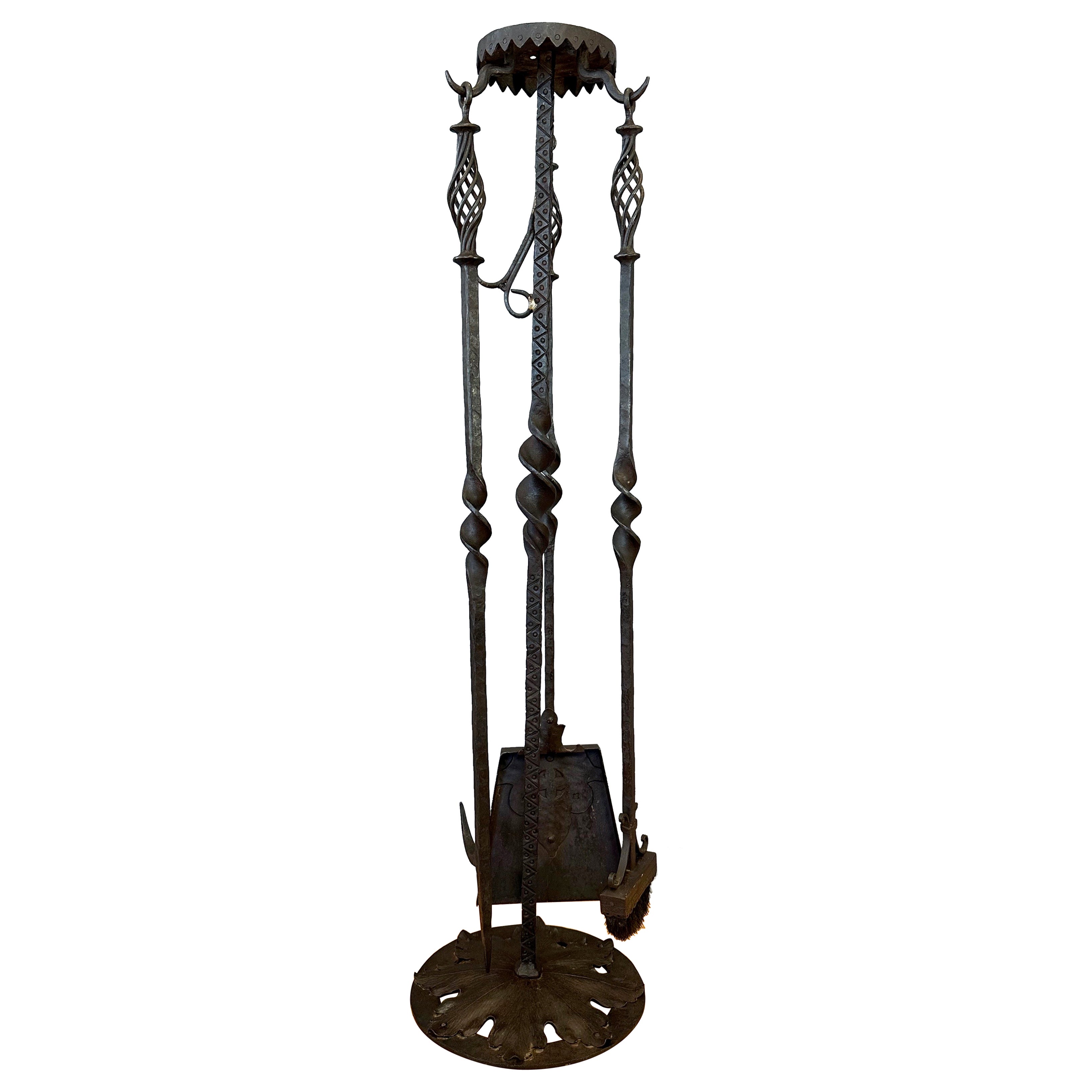 Monumental Tudor Arts and Crafts Wrought Iron Fireplace Tool Set, c. 1900