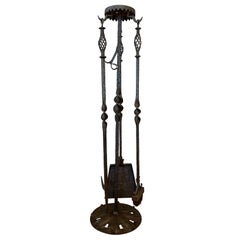 Monumental Tudor Arts and Crafts Wrought Iron Fireplace Tool Set, c. 1900