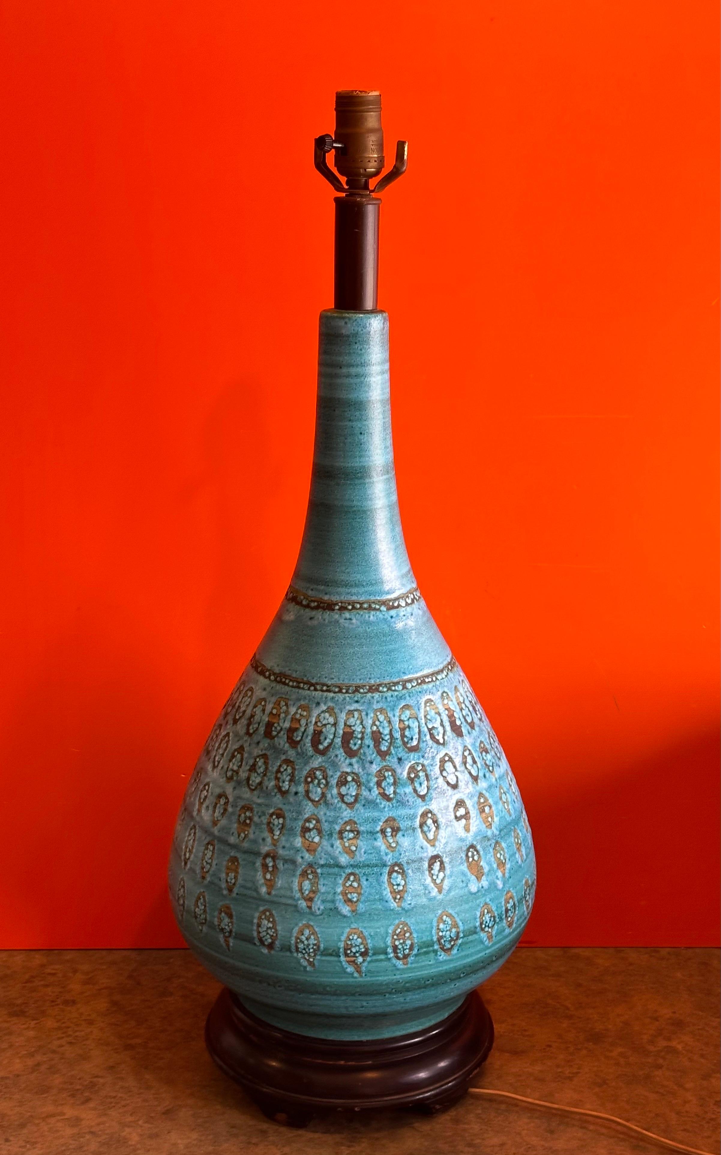 Wood Monumental Turquoise Glazed Ceramic Lamp by Aldo Londi for Bitossi For Sale