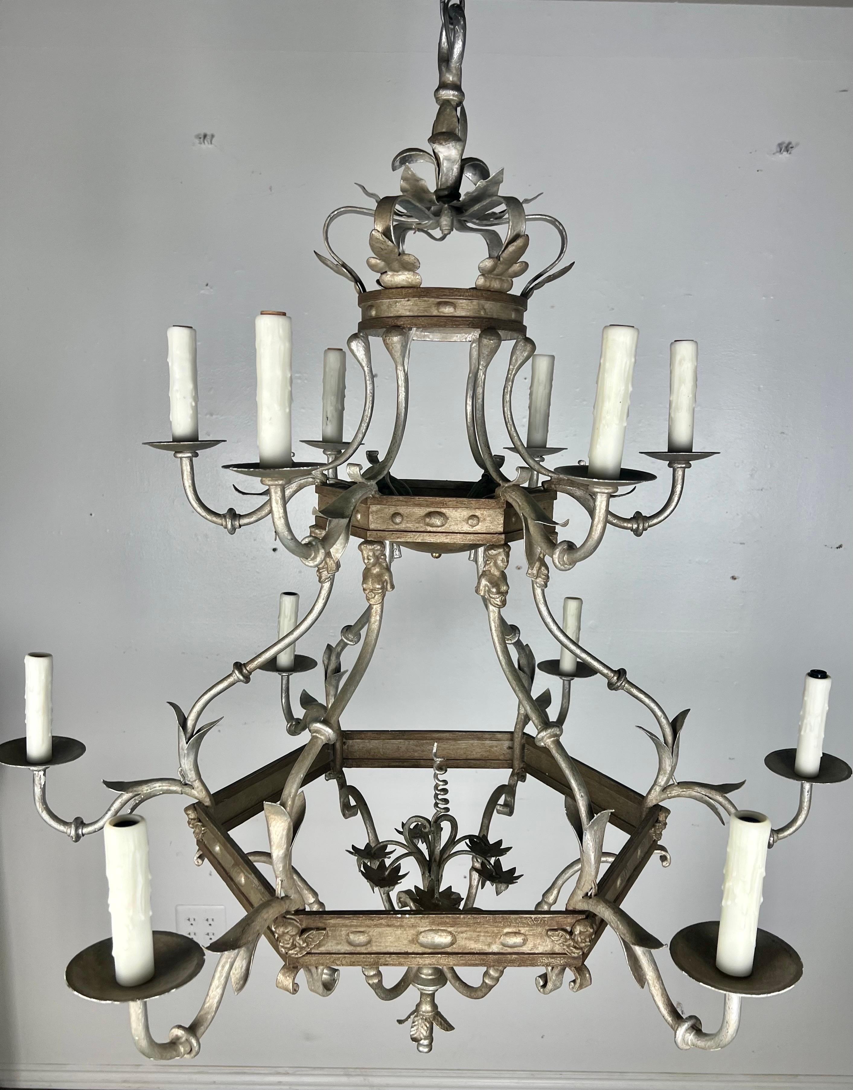 Monumental Two-Tiered 12-Light Silvered Chandelier w/ Crown  For Sale 4