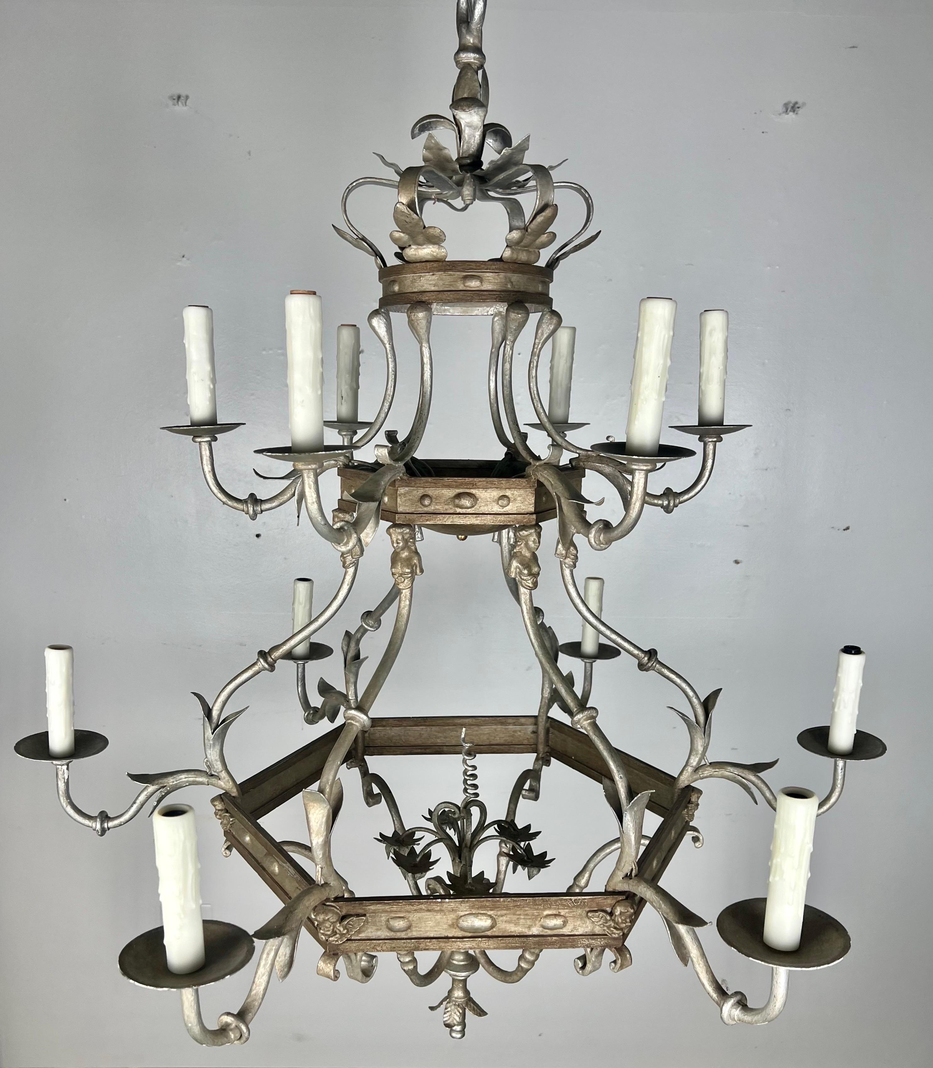 Monumental Two-Tiered 12-Light Silvered Chandelier w/ Crown  For Sale 5