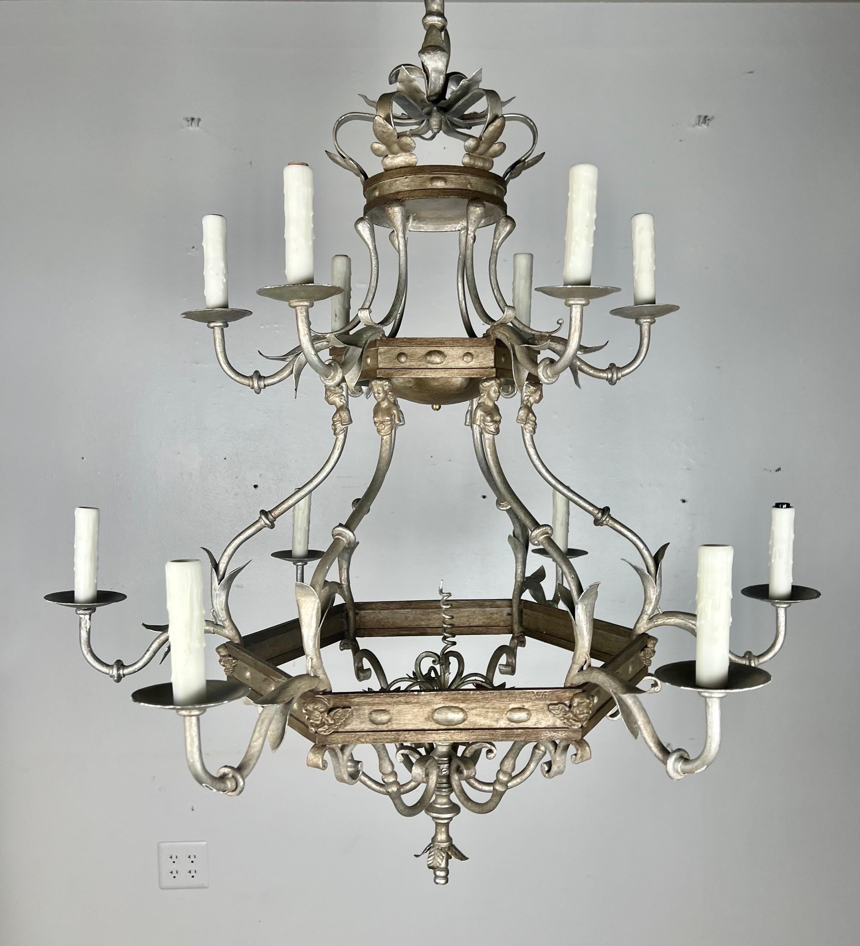 Neoclassical Monumental Two-Tiered 12-Light Silvered Chandelier w/ Crown  For Sale