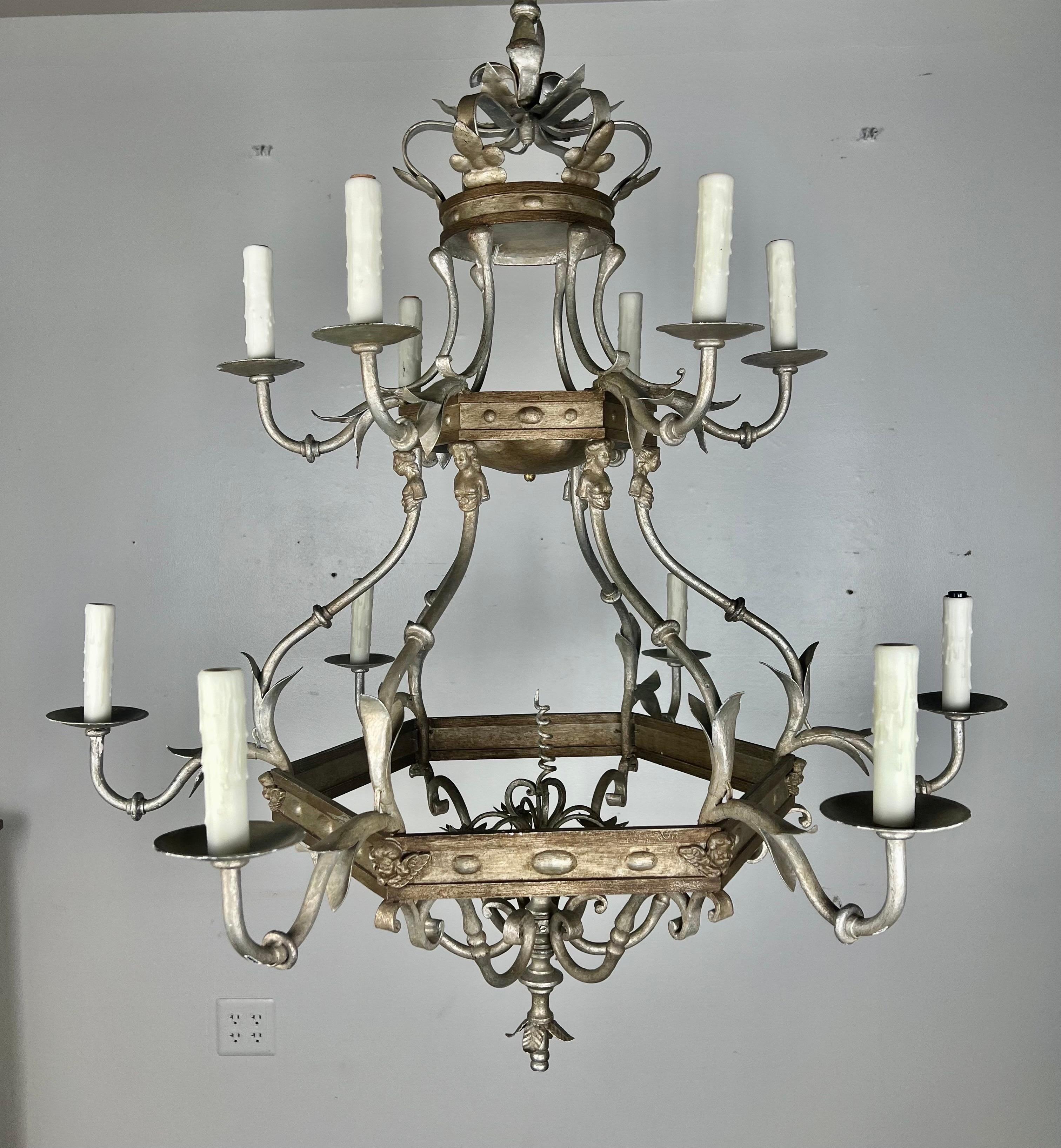 Italian Monumental Two-Tiered 12-Light Silvered Chandelier w/ Crown  For Sale