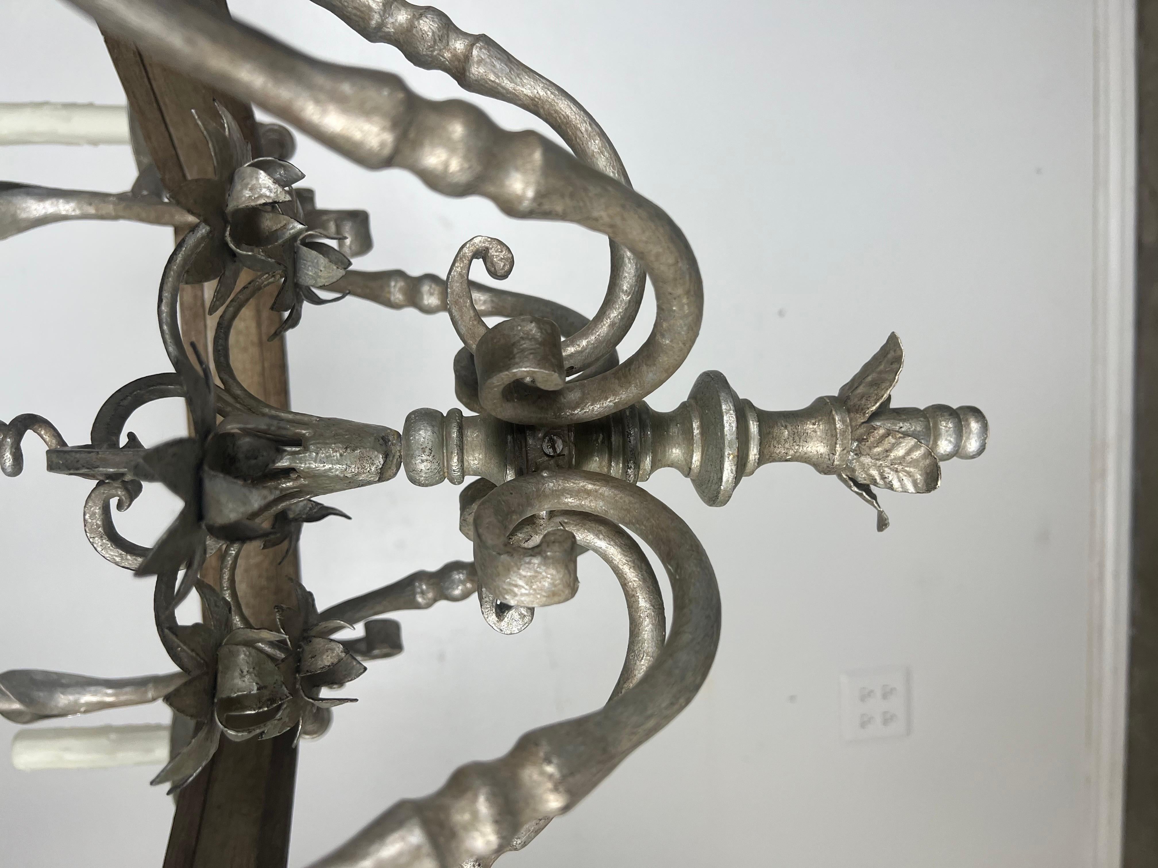 Mid-20th Century Monumental Two-Tiered 12-Light Silvered Chandelier w/ Crown  For Sale