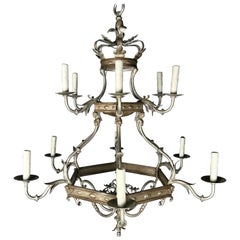 Lampadario Monumental a due piani a 12 luci argentate con Corona