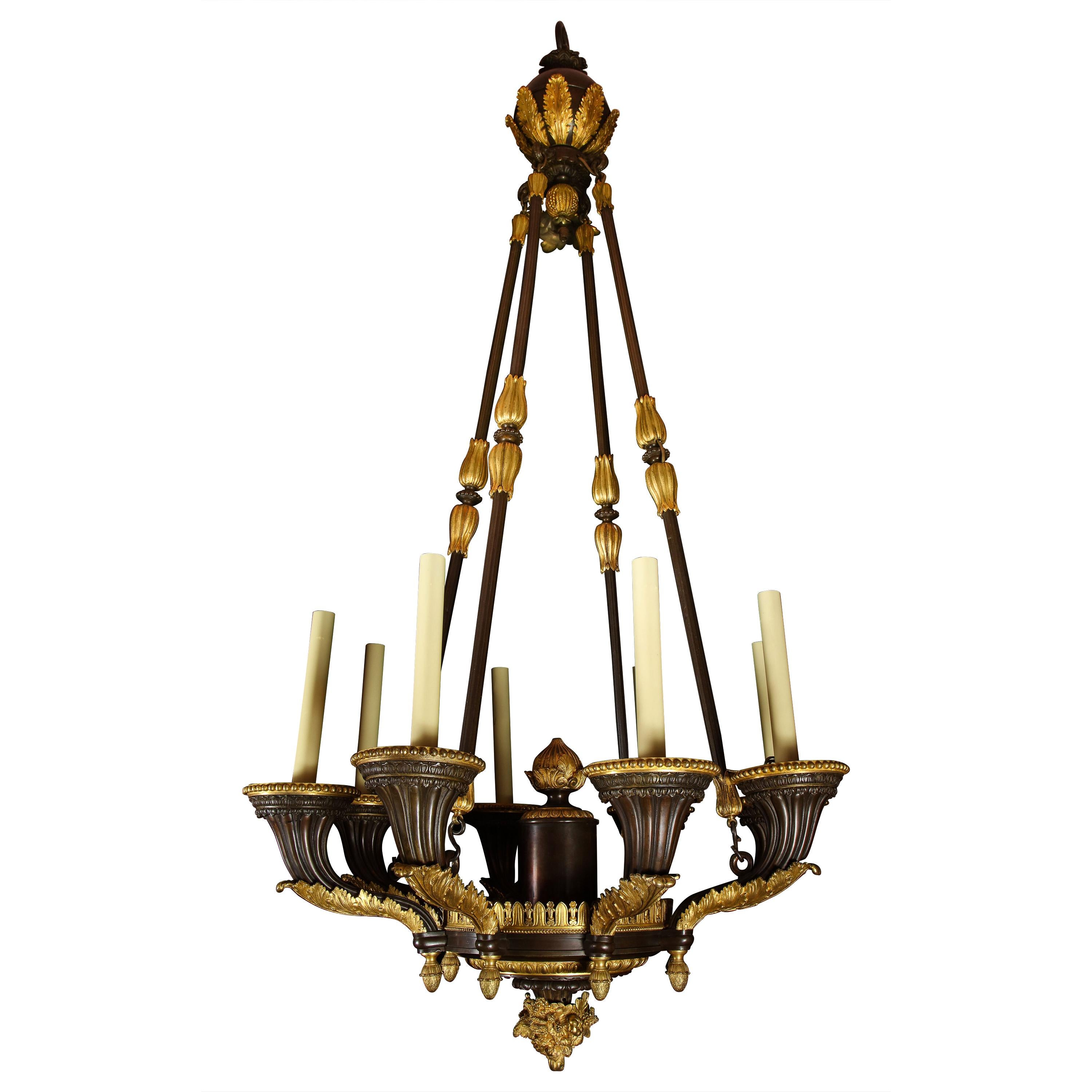 Monumental Unique Antique French Empire Gilt and Patinated Bronze Chandelier