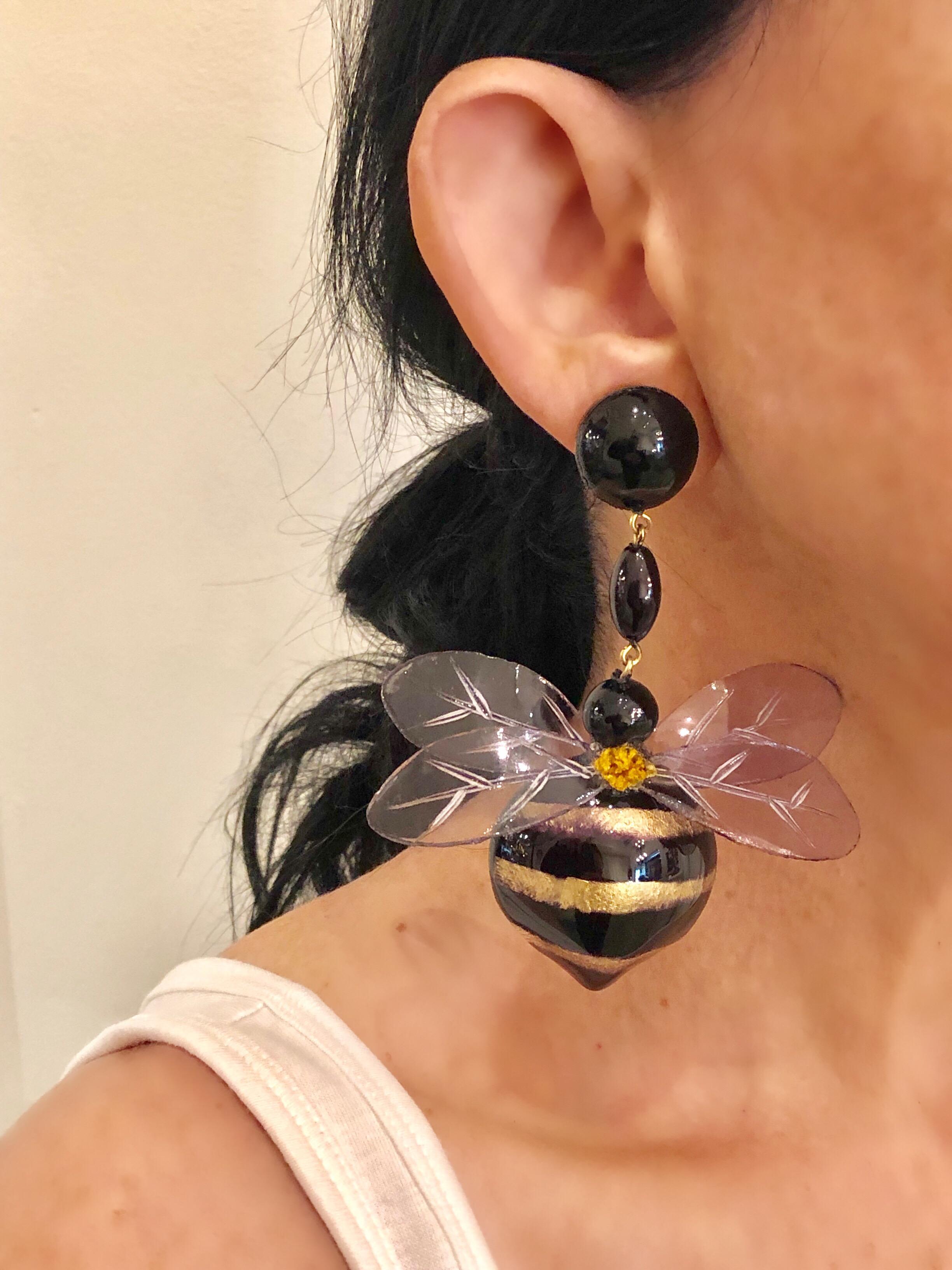 Contemporary Monumental Unique Bumble Bee French Statement Earrings