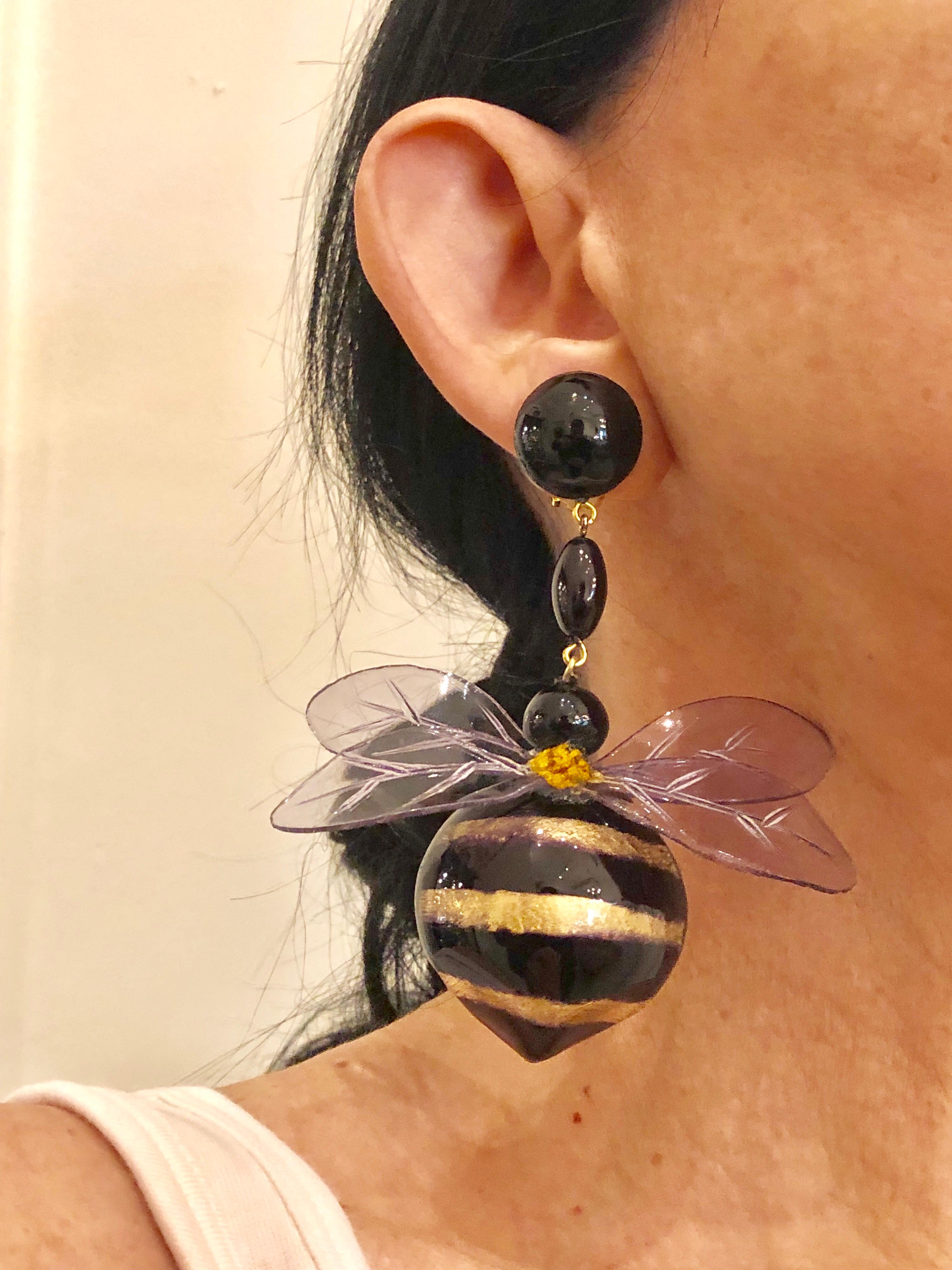 Monumental Unique Bumble Bee French Statement Earrings In New Condition In Palm Springs, CA