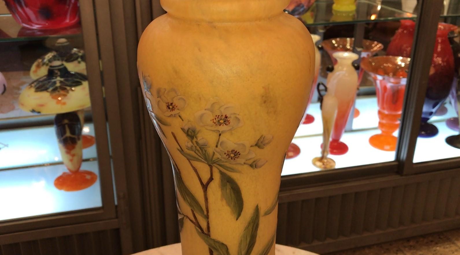 Monumental Vase, Sign: Daum Nancy France, ( Cherry blossoms) Style: Art Nouveau For Sale 14