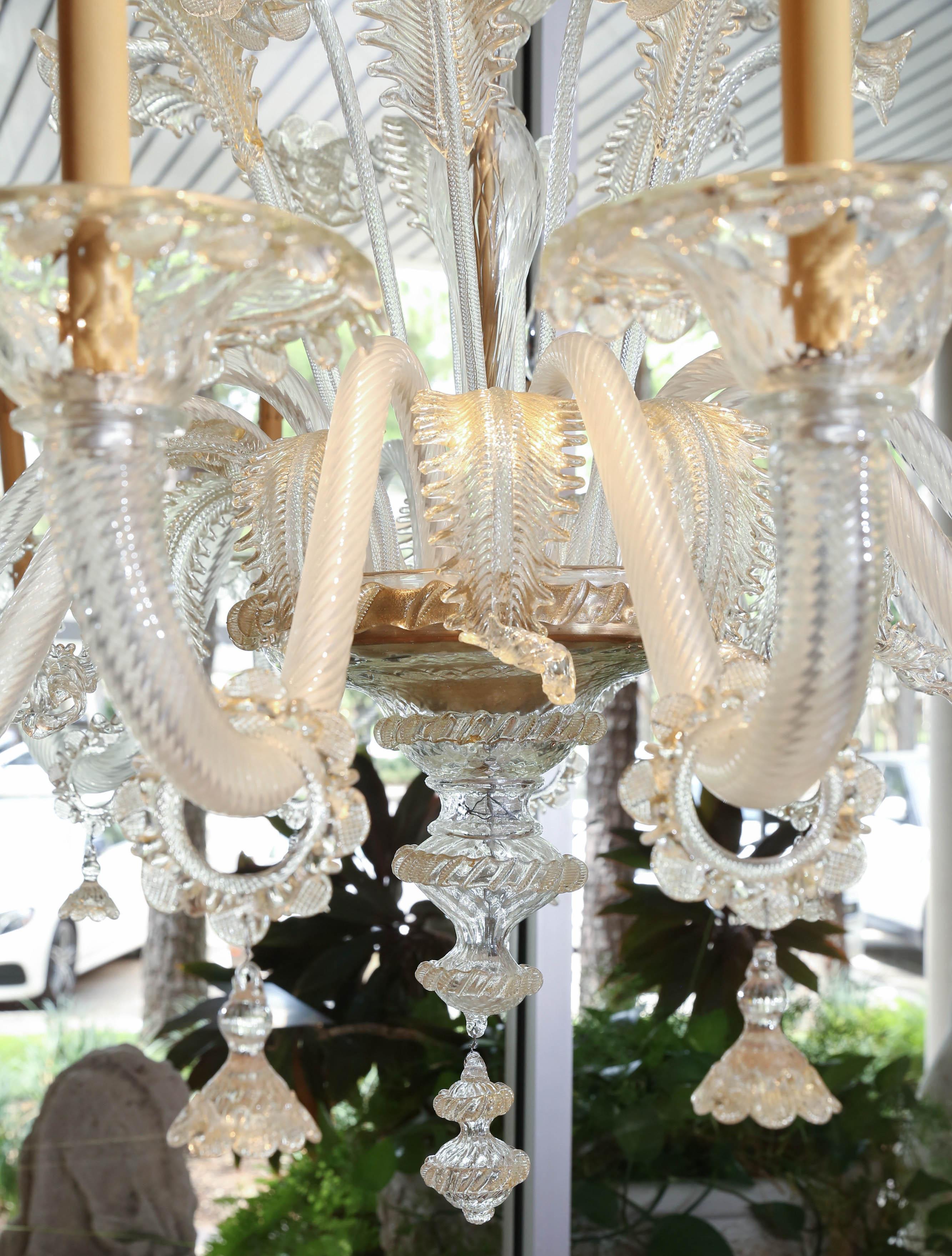 Italian Monumental Venetian Glass Chandelier with 18 Lights on Two Tiers in Pale Gold