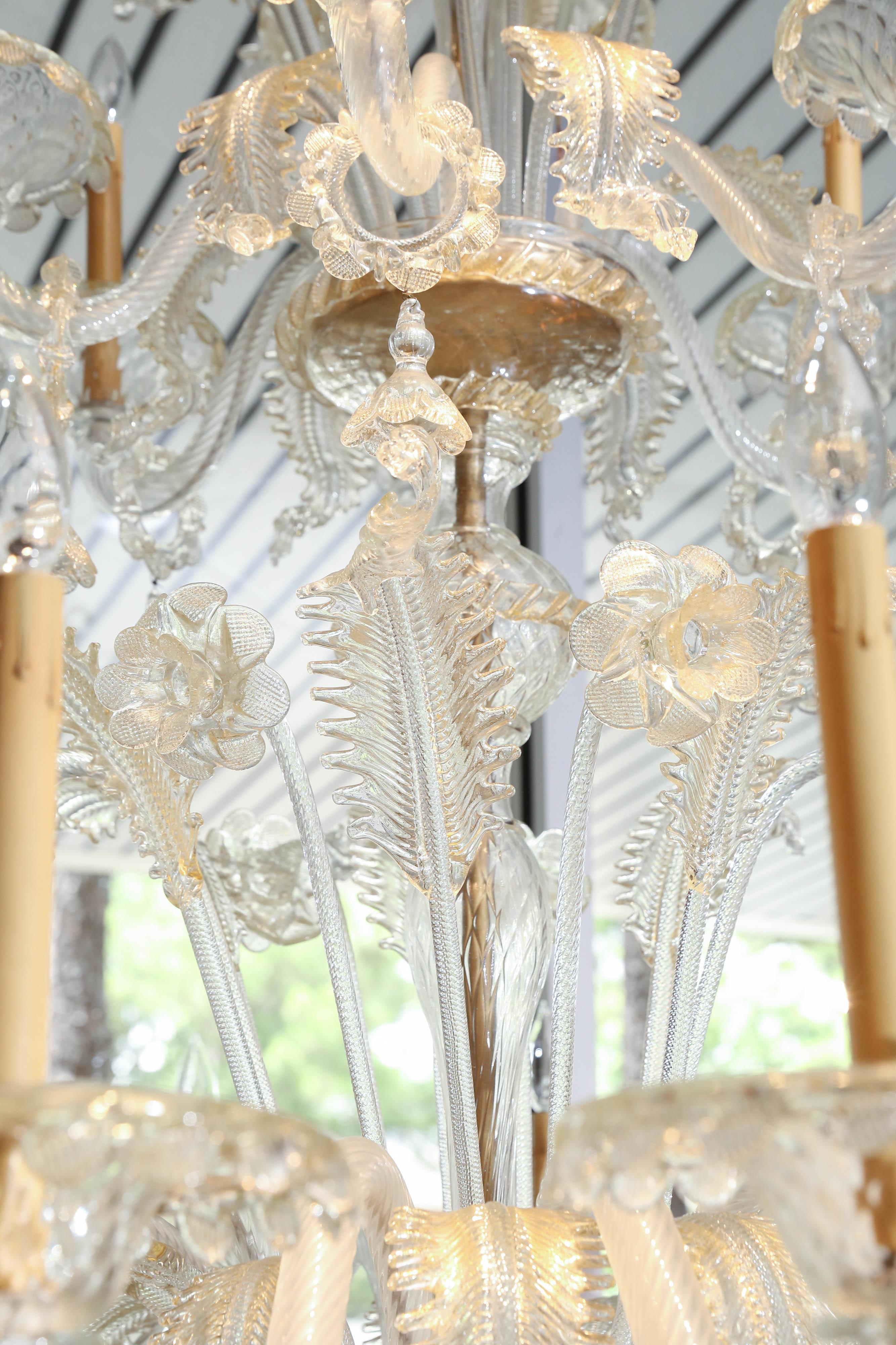 Monumental Venetian Glass Chandelier with 18 Lights on Two Tiers in Pale Gold In Excellent Condition In Houston, TX