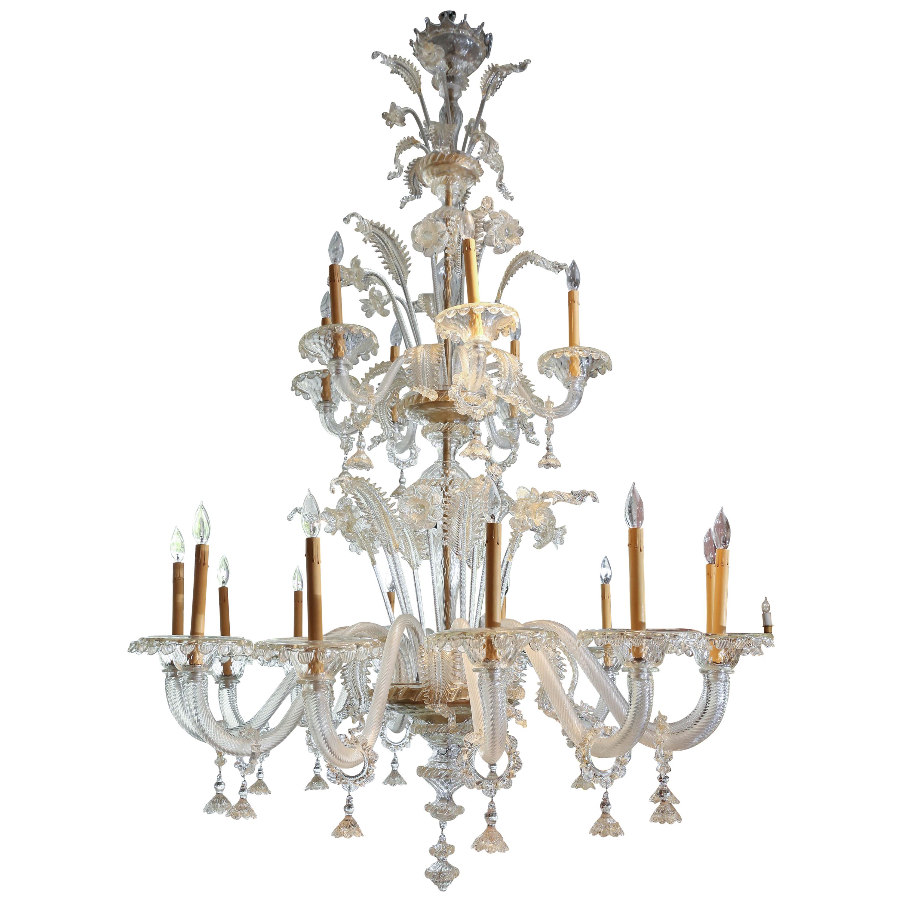 Monumental Venetian Glass Chandelier with 18 Lights on Two Tiers in Pale Gold