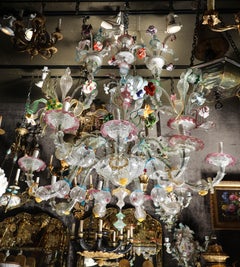 Monumental araña veneciana de Murano de cristal coloreado y transparente de 9 luces Circa 1850