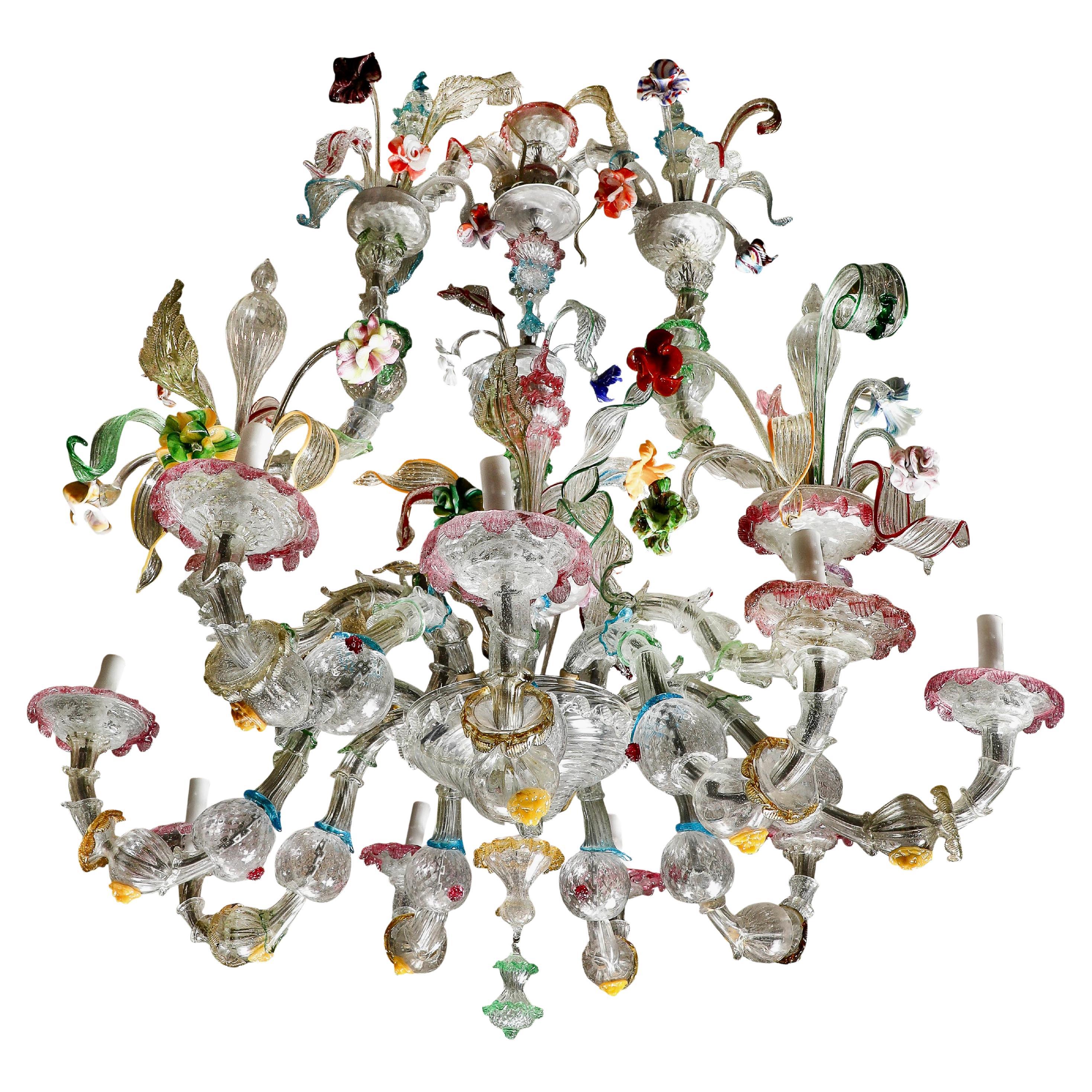 Monumental Venetian Murano Colored and Clear Glass 9 Light Chandelier Circa 1850
