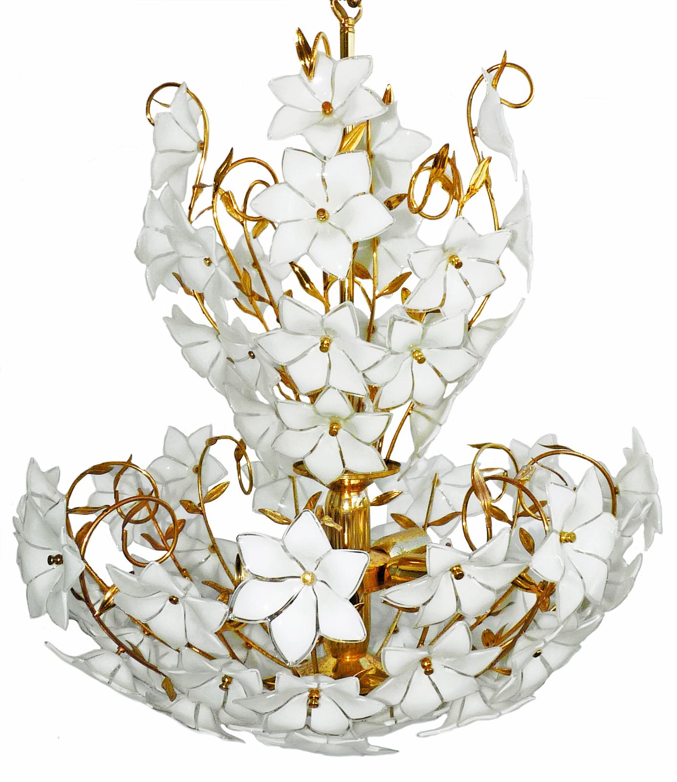 Hollywood Regency Monumental Modernist Italian Murano Venini Style Flower Glass Gilt Chandelier