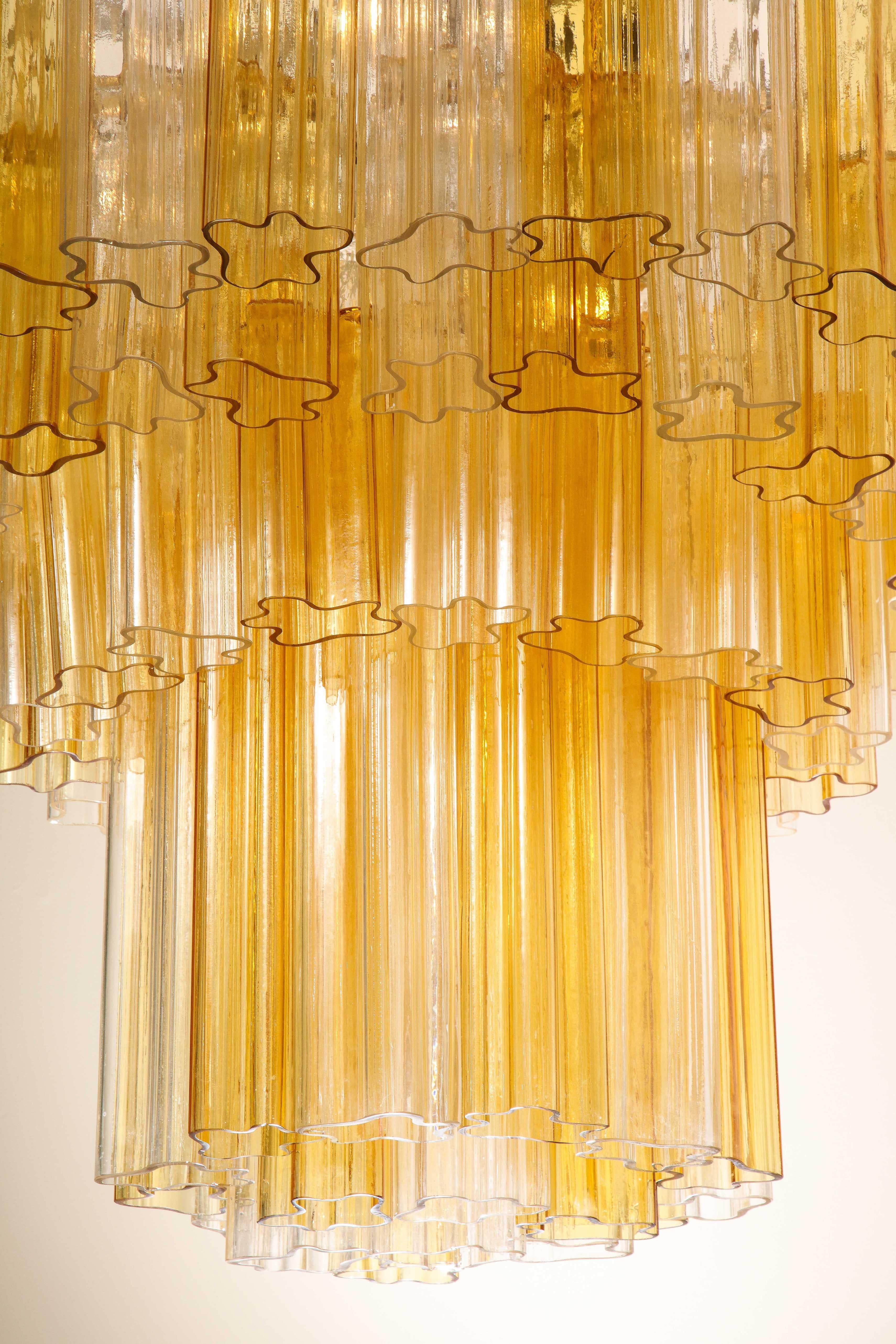 Monumental Venini Tiered Clear and Amber Tronchi Glass Chandelier For Sale 3