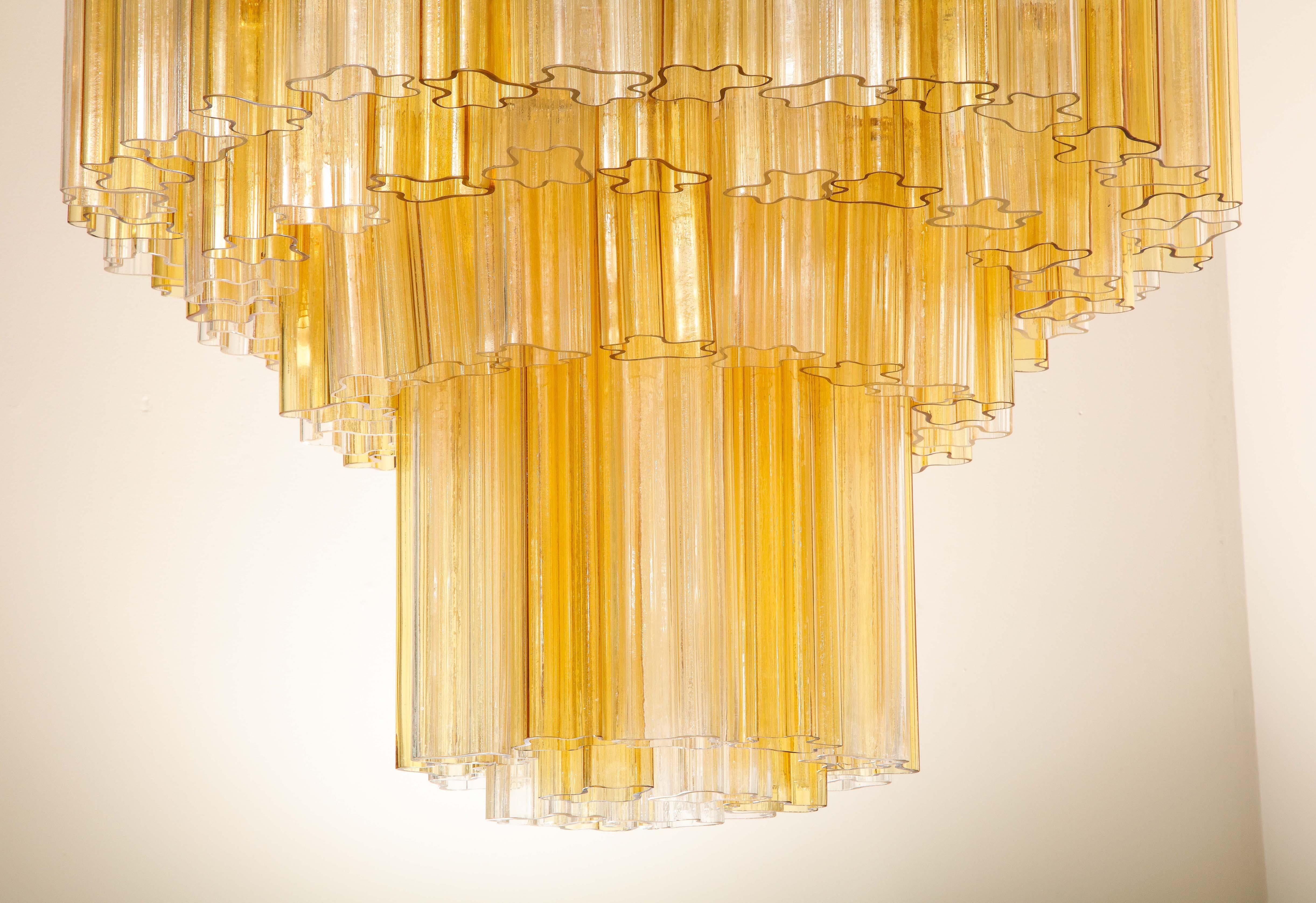 Monumental Venini Tiered Clear and Amber Tronchi Glass Chandelier For Sale 4