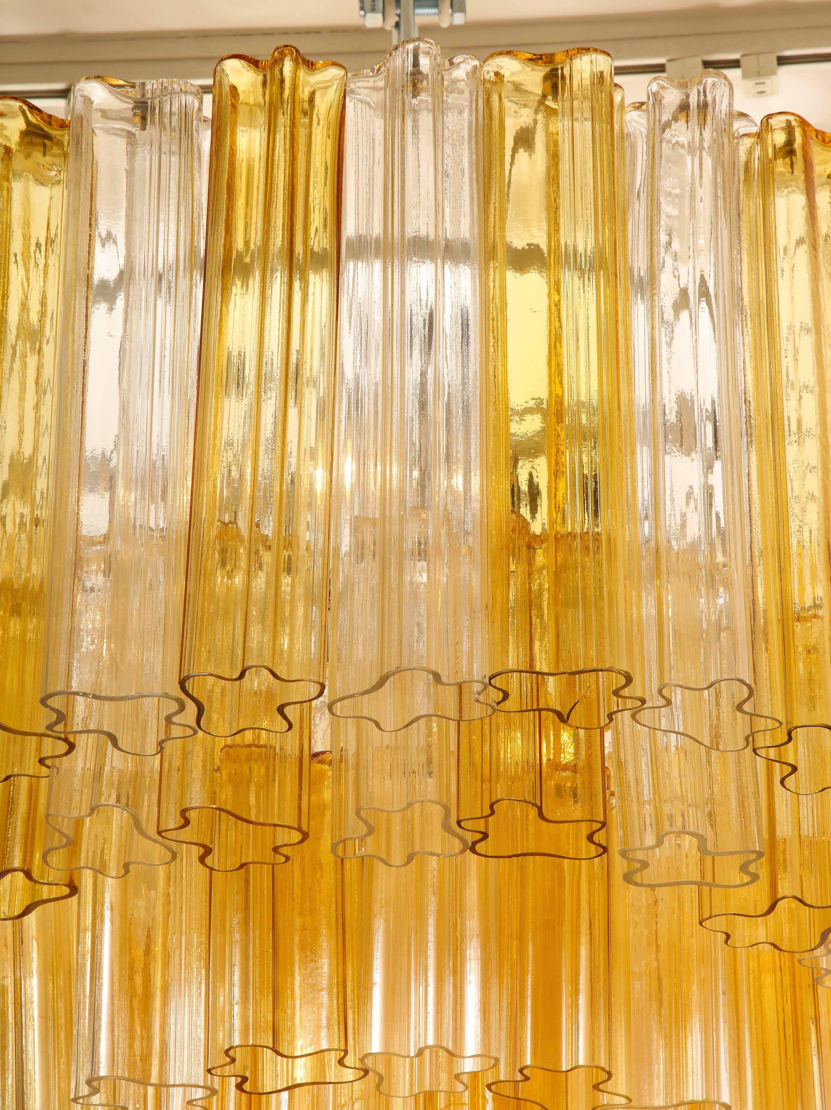Monumental Venini Tiered Clear and Amber Tronchi Glass Chandelier For Sale 6