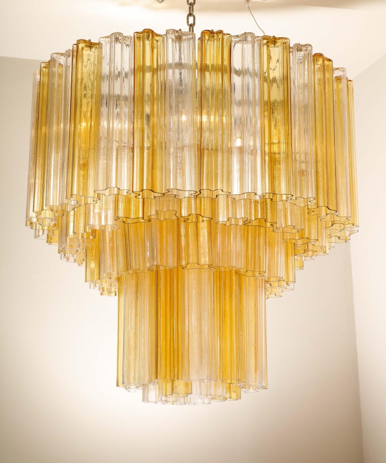 Monumental Venini Tiered Clear and Amber Tronchi Glass Chandelier For ...