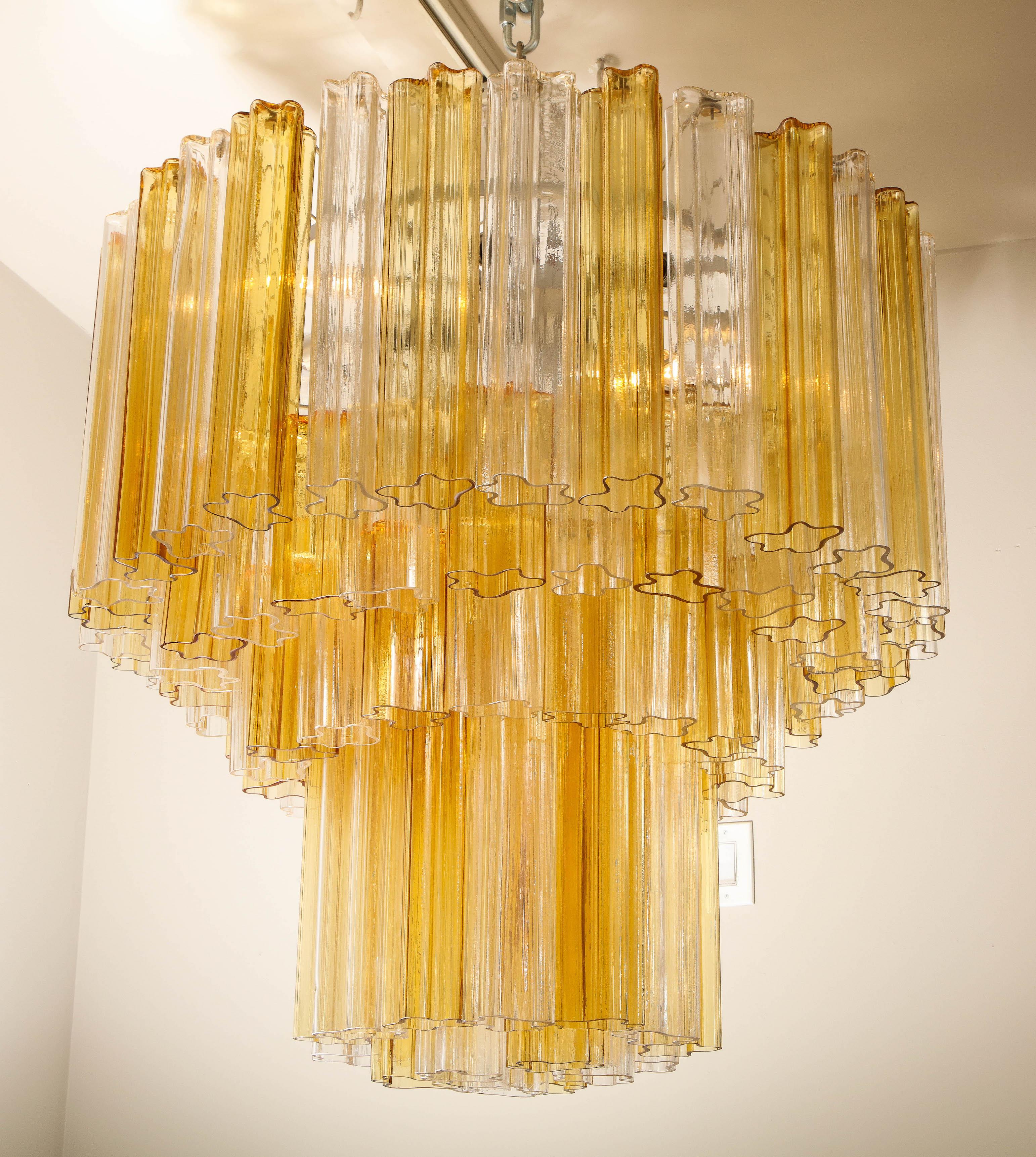 Modern Monumental Venini Tiered Clear and Amber Tronchi Glass Chandelier For Sale