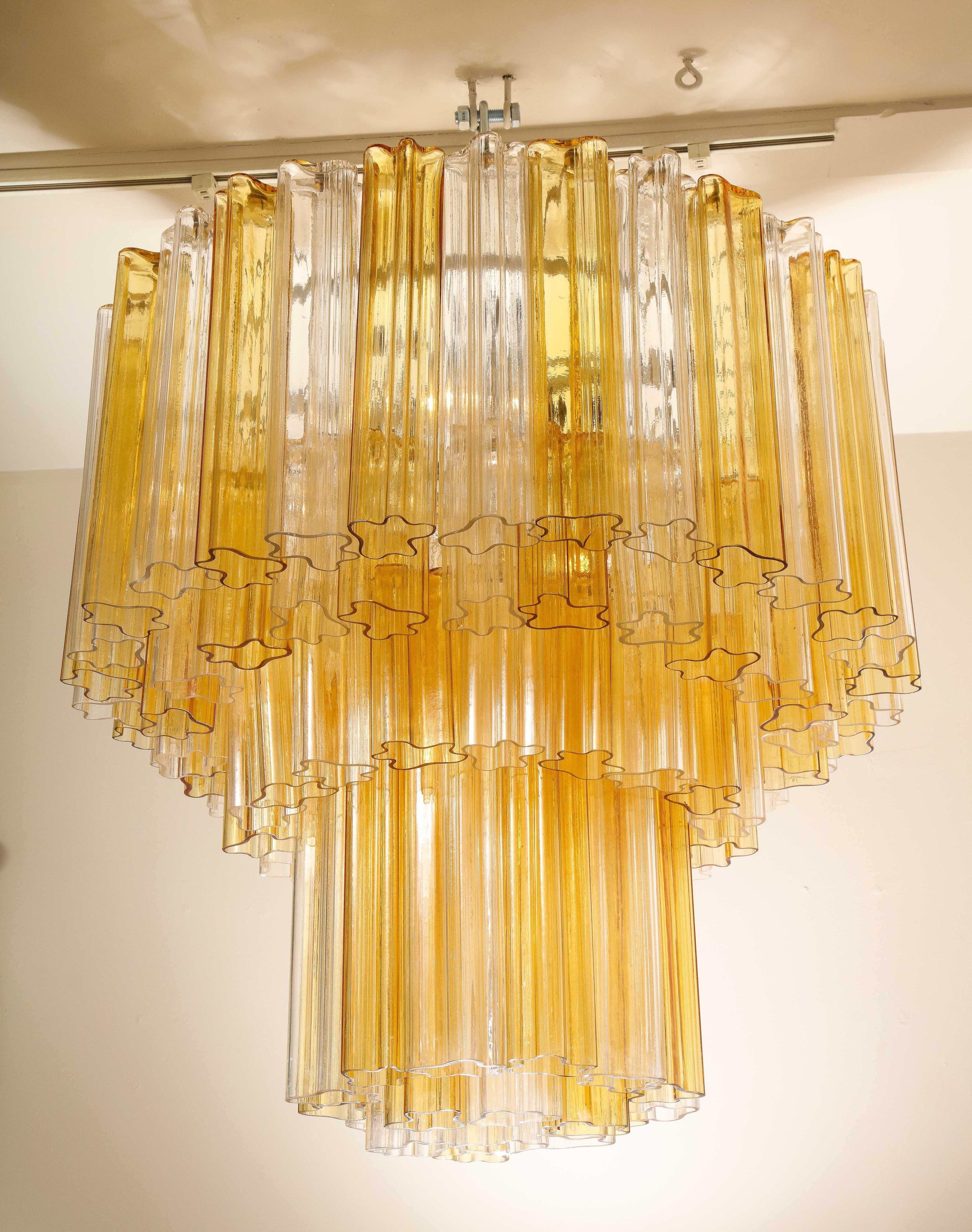 Italian Monumental Venini Tiered Clear and Amber Tronchi Glass Chandelier For Sale