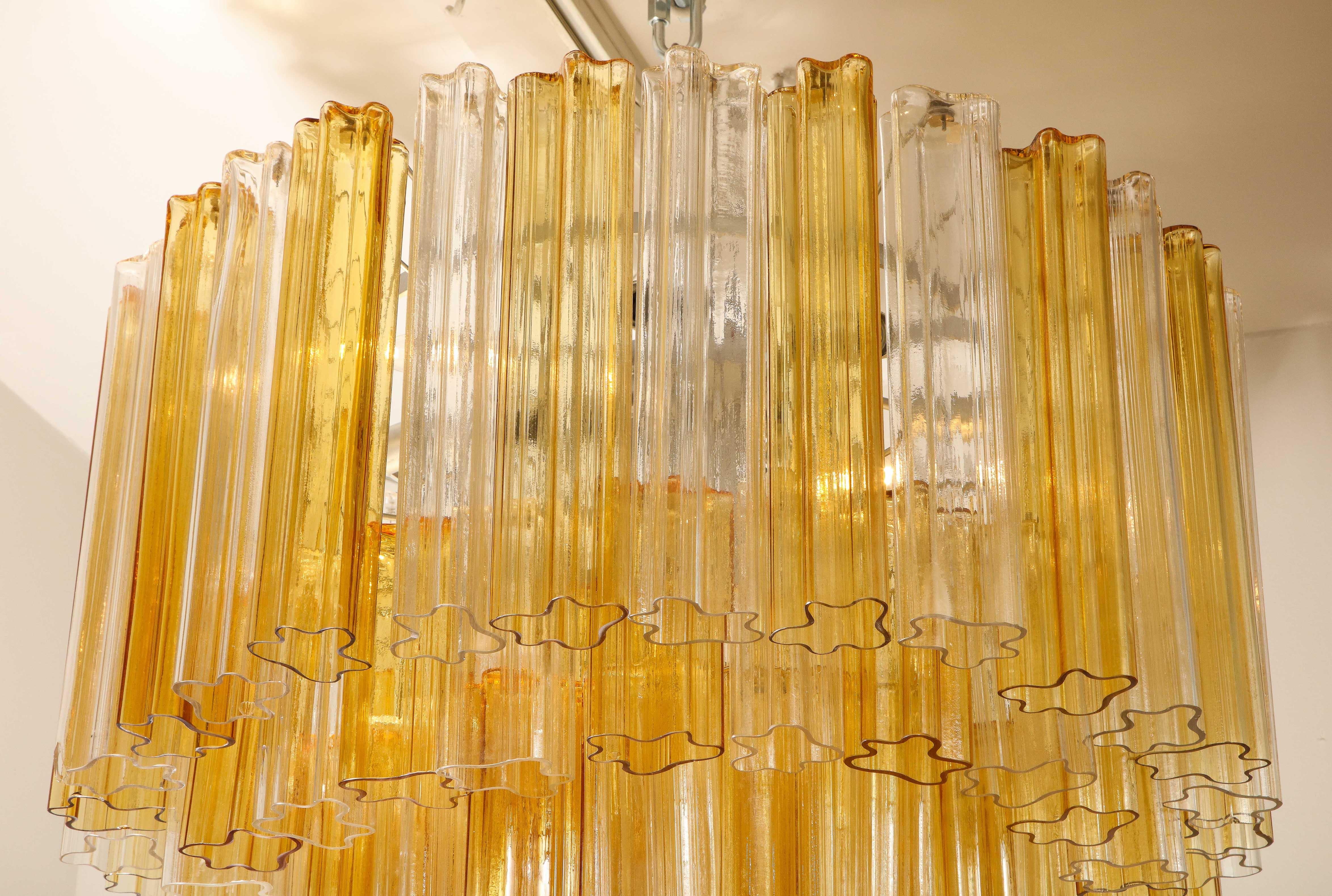 Monumental Venini Tiered Clear and Amber Tronchi Glass Chandelier In Good Condition For Sale In New York, NY