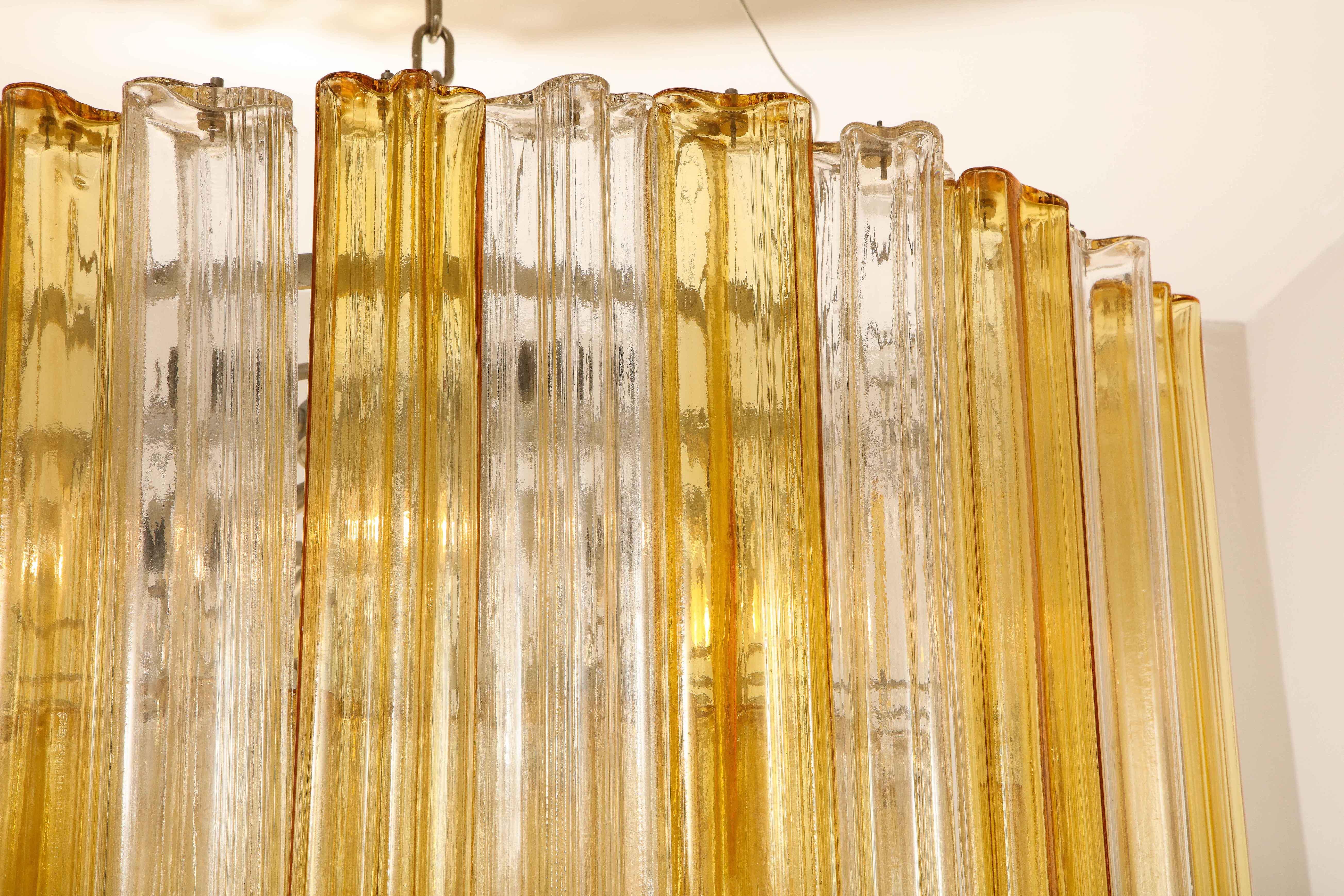 Late 20th Century Monumental Venini Tiered Clear and Amber Tronchi Glass Chandelier For Sale
