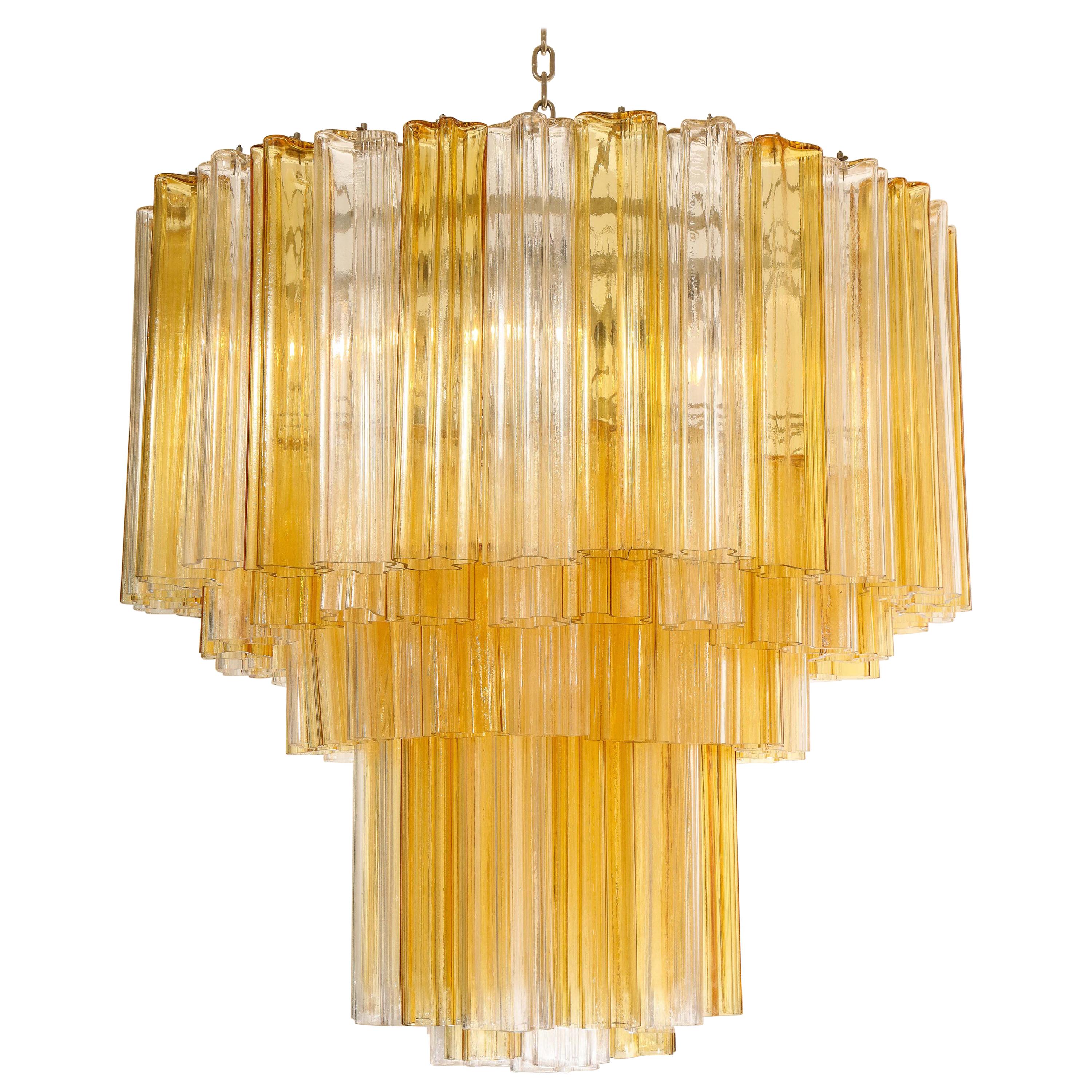 Monumental Venini Tiered Clear and Amber Tronchi Glass Chandelier