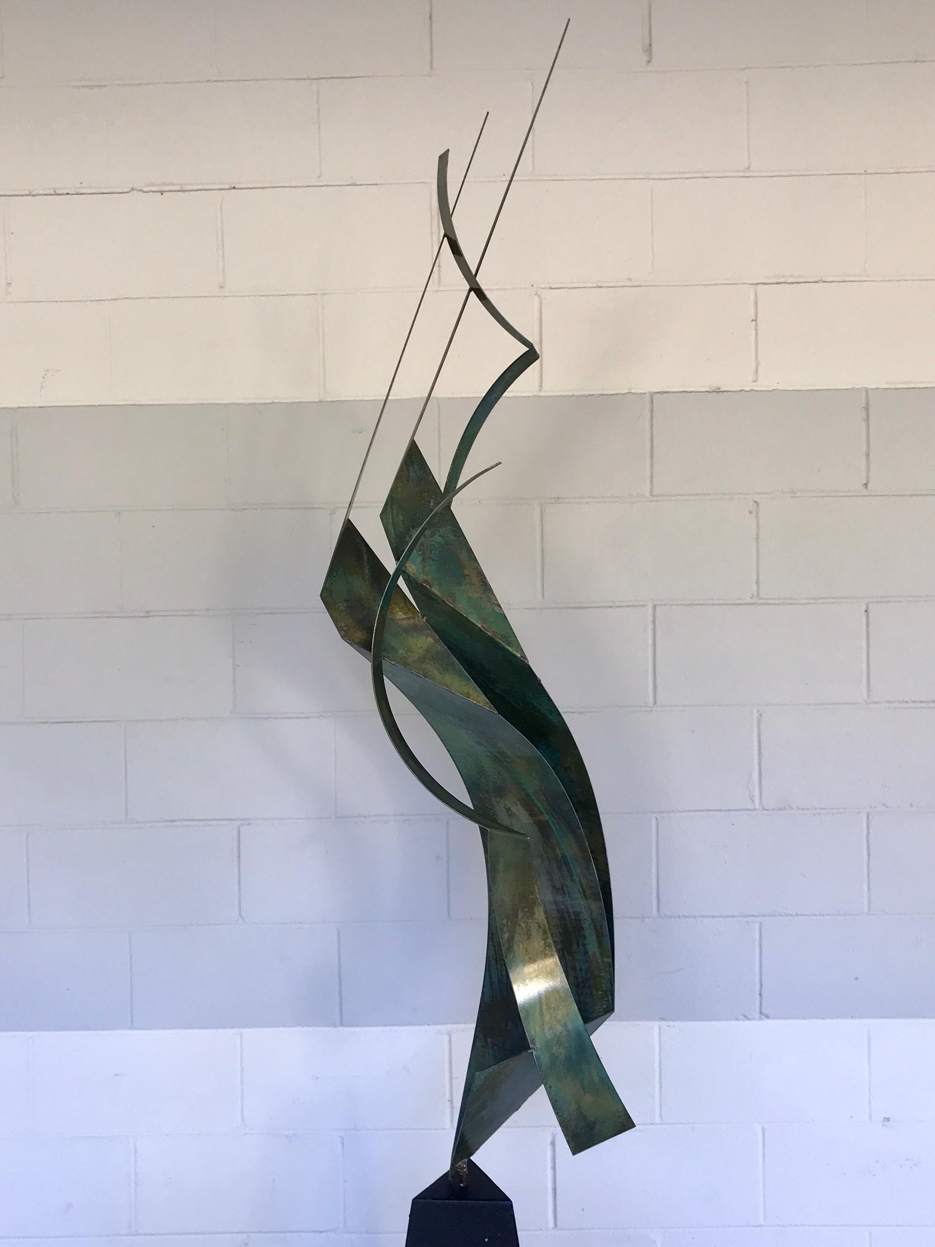 Monumental Verdigris bronze abstract sculpture by Curtis Jere, in two parts the sculpture alone measures 68
