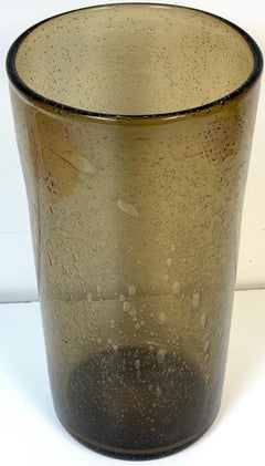 Monumental Verrerie de Bendor Hand-Blown Olive Bubble Glass Cylinder Vase, 1970s
