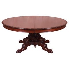 Antique Monumental Victorian Carved Mahogany Dining Table with Seven Leaves, Refinished