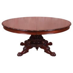 Monumental Victorian Carved Mahogany Dining Table with Seven Leaves, Refinished