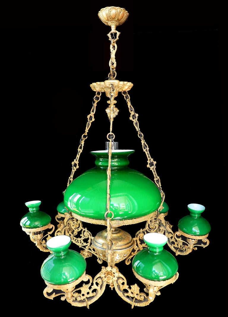 Monumental Victorian Green Glass Shades Bronze Hanging Oil Lamp