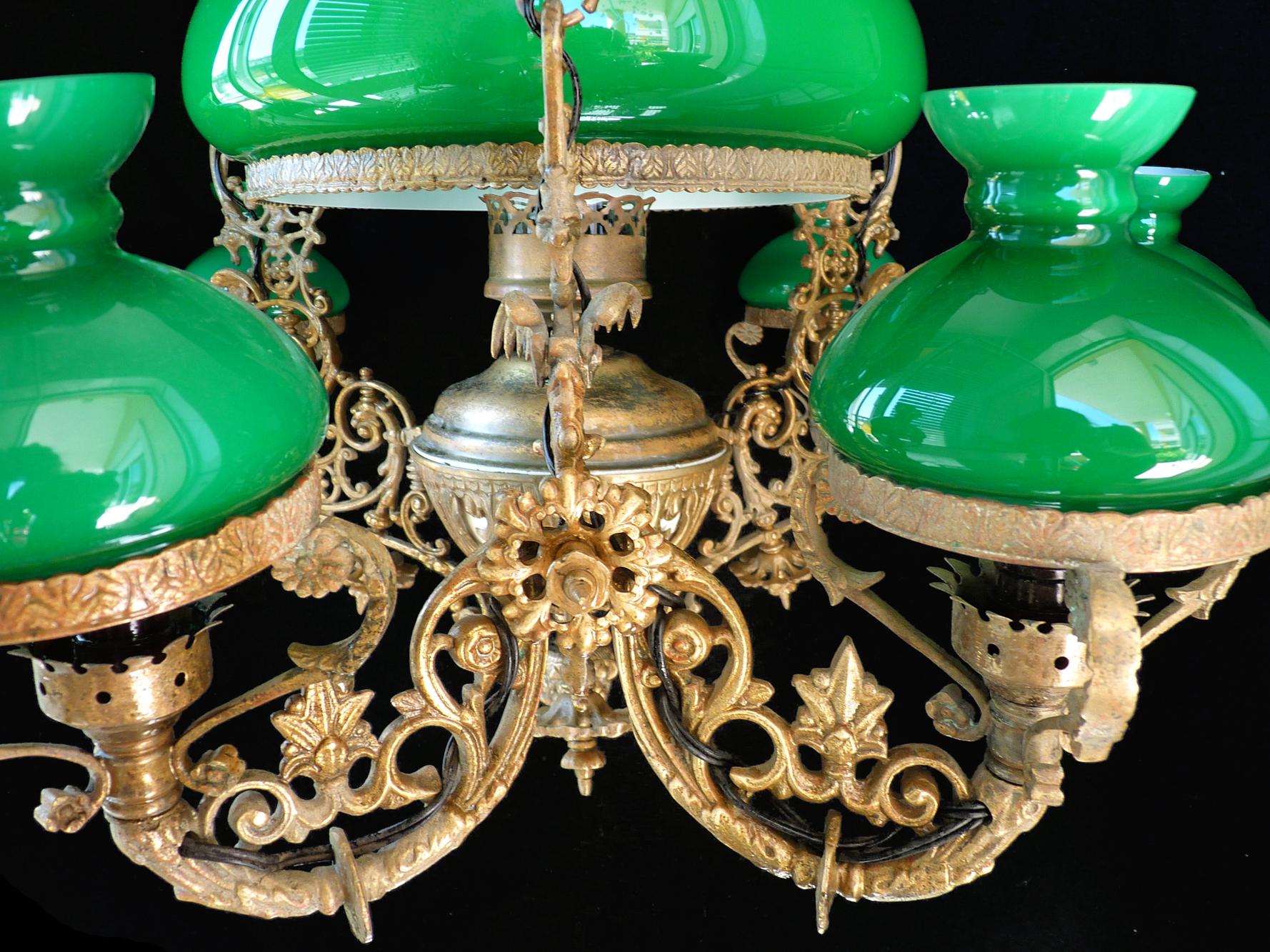 Art Deco Monumental Victorian Green Glass Shades Bronze Hanging Oil Lamp Chandelier
