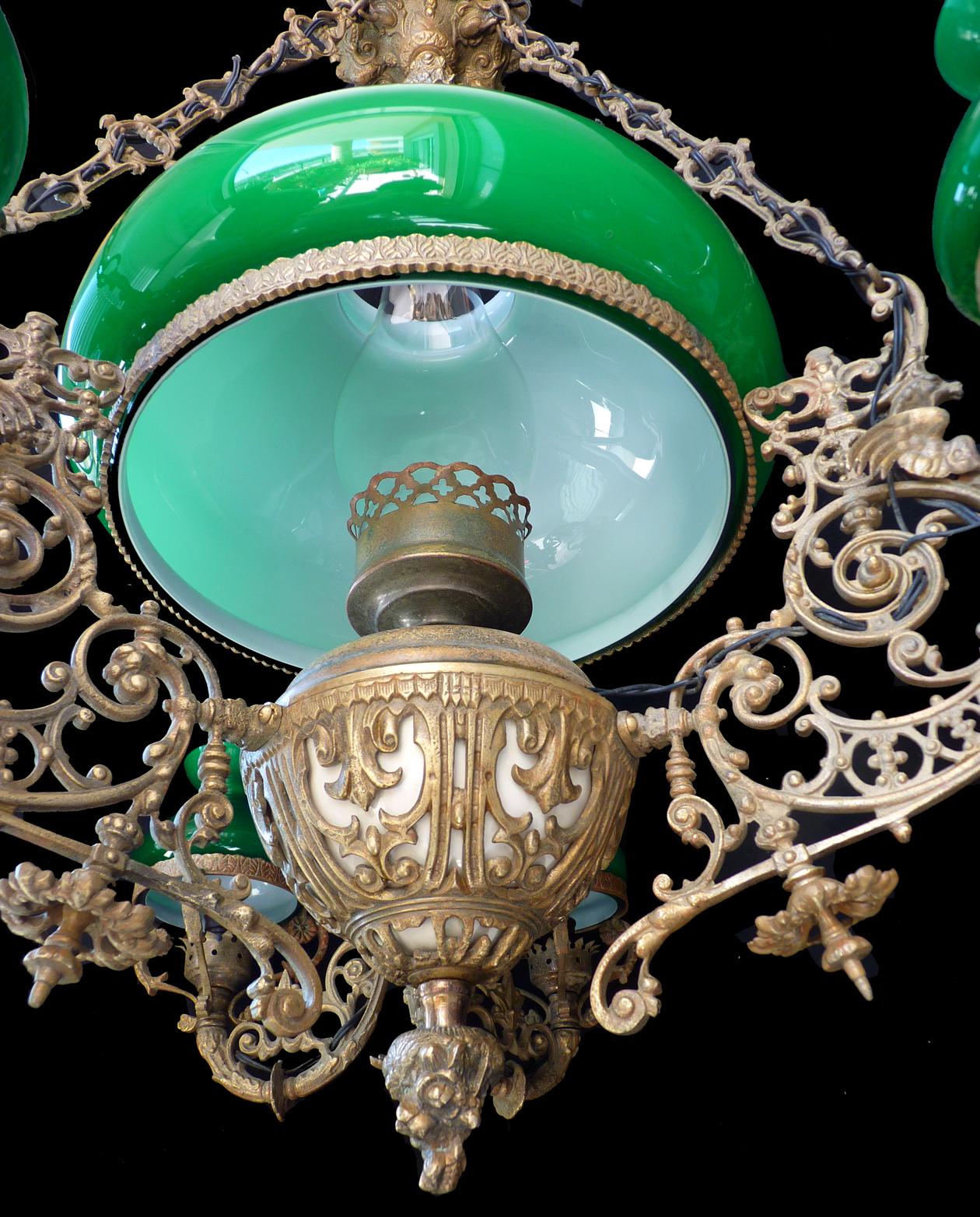 French Monumental Victorian Green Glass Shades Bronze Hanging Oil Lamp Chandelier