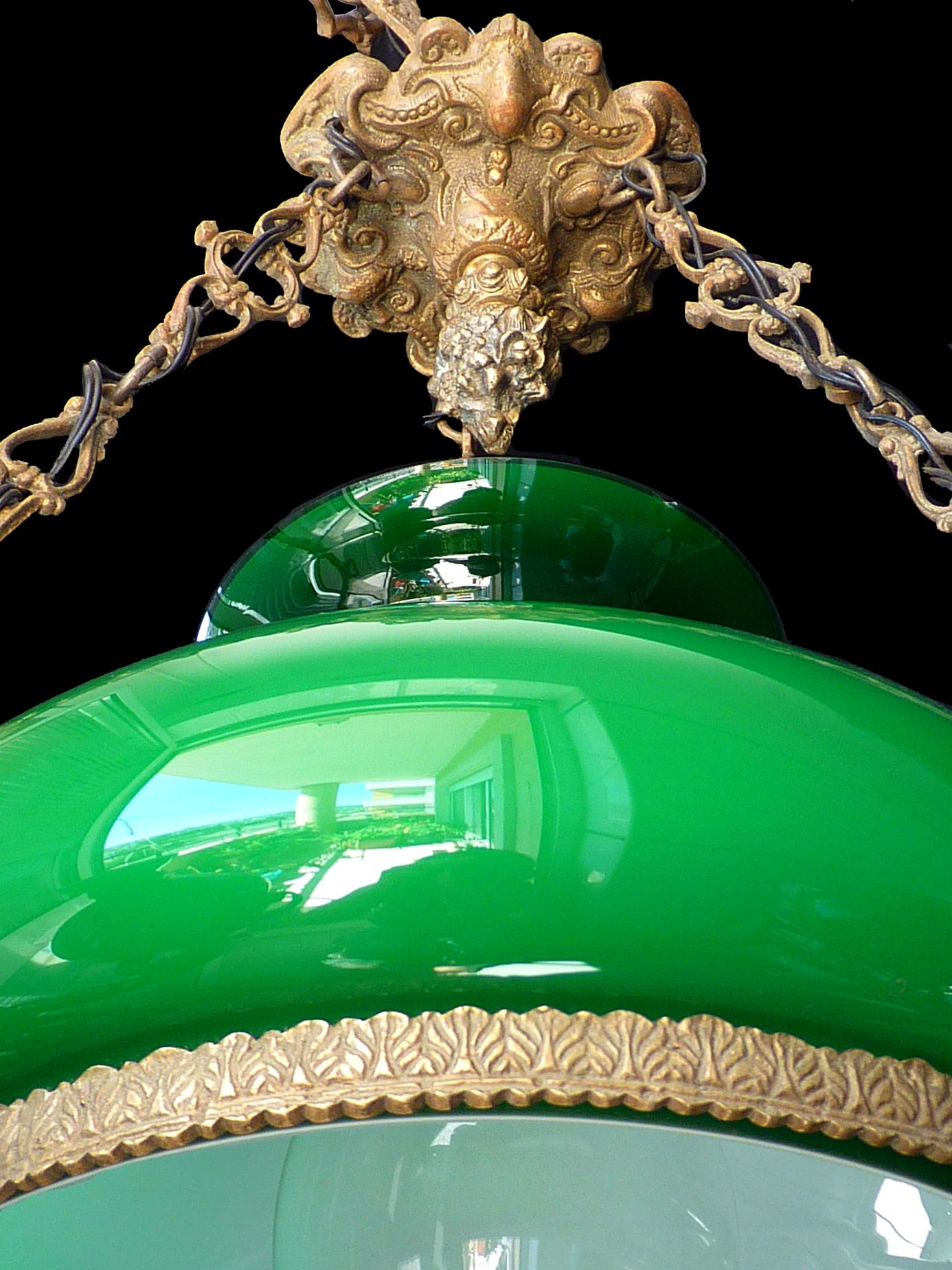 Gilt Monumental Victorian Green Glass Shades Bronze Hanging Oil Lamp Chandelier