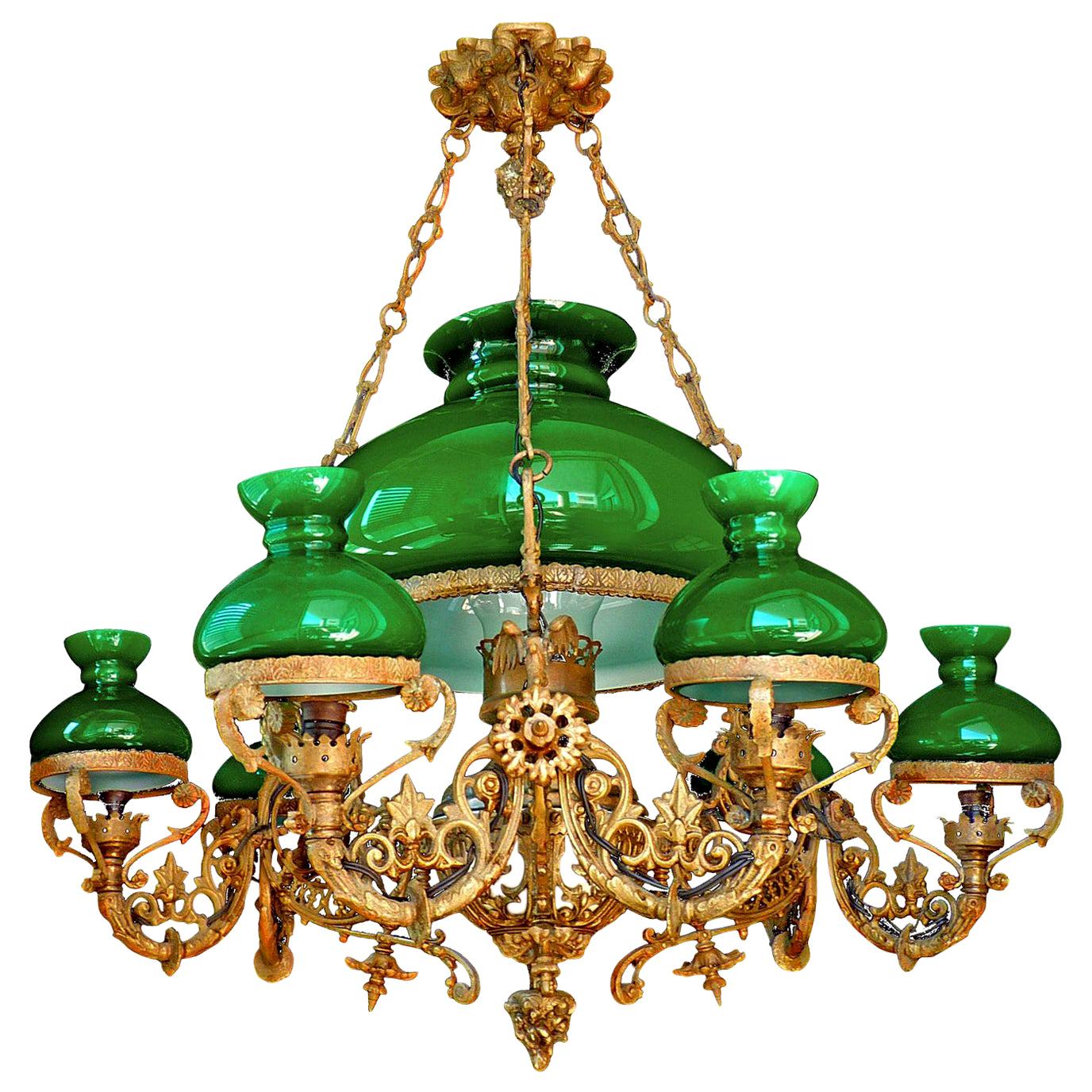 Monumental Victorian Green Glass Shades Bronze Hanging Oil Lamp Chandelier