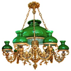 Monumental Victorian Green Glass Shades Bronze Hanging Oil Lamp Chandelier